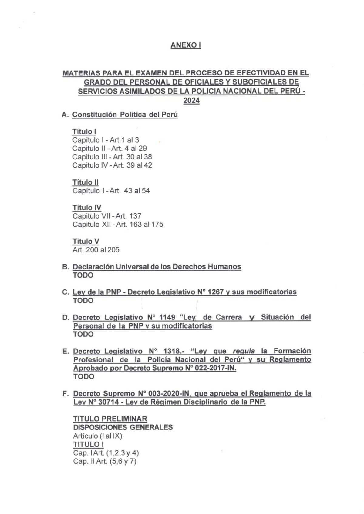 Aprueban materias para el examen de conocimientos para asimilación PNP