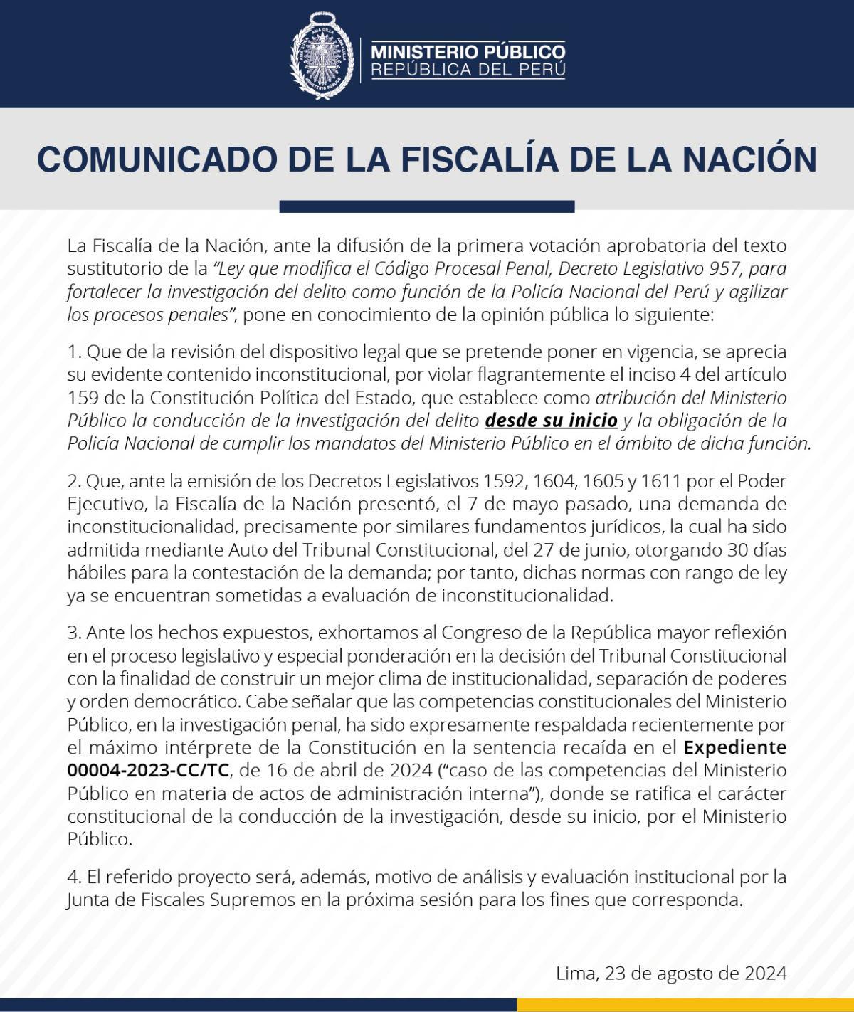 Fiscalía cuestiona la aprobación del Congreso que restituye la investigación a la PNP