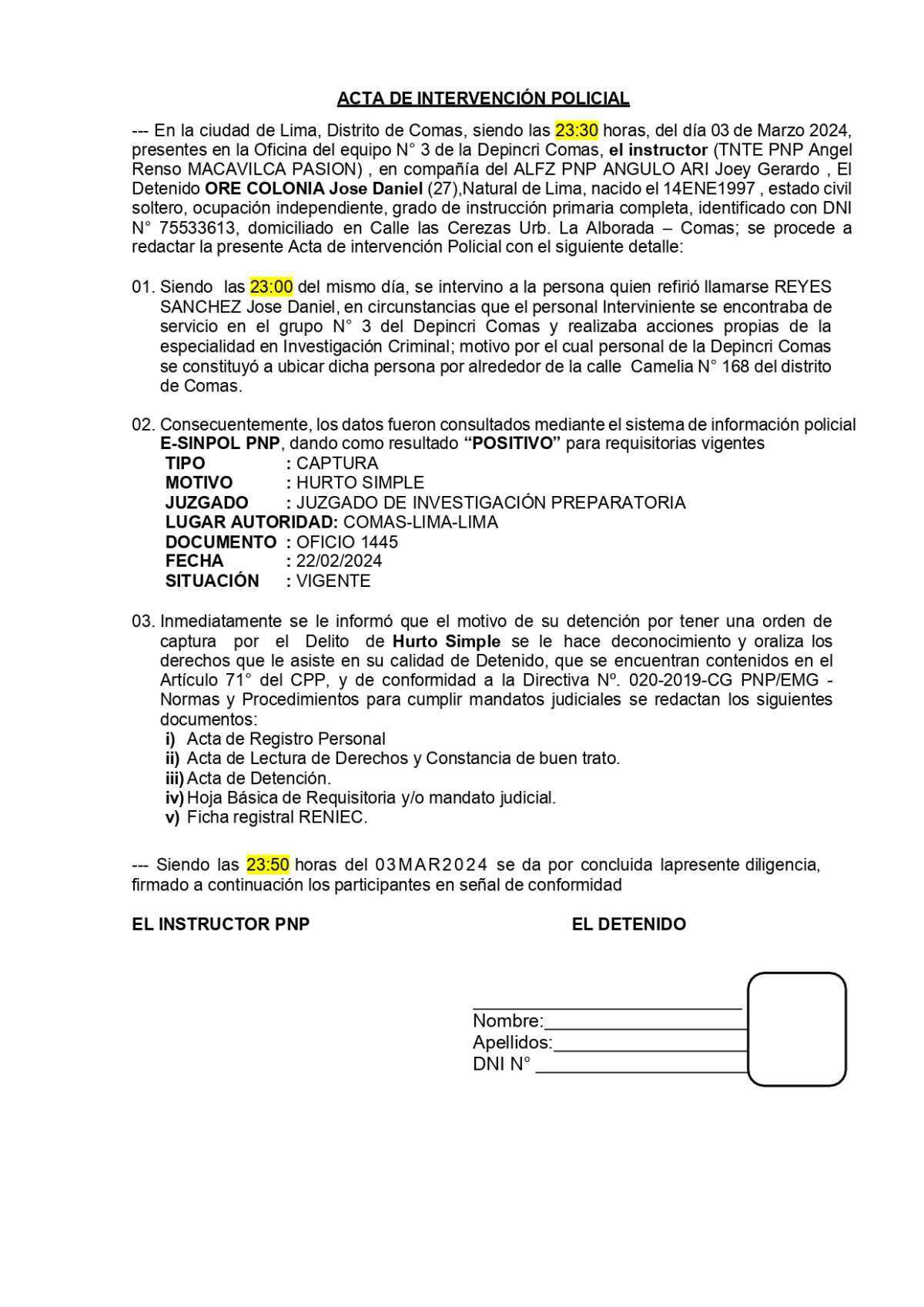 Acta de Intervención por tener Requisitoria