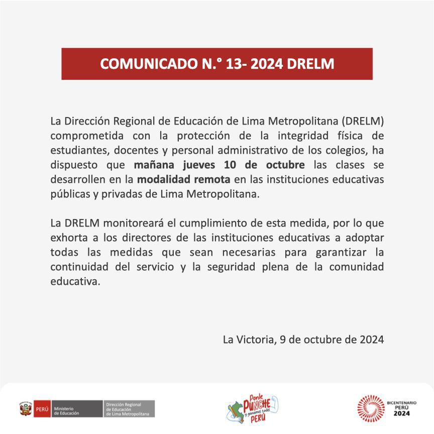 ¿Habrá Clases en las Instituciones Educativas este 10 de Octubre?