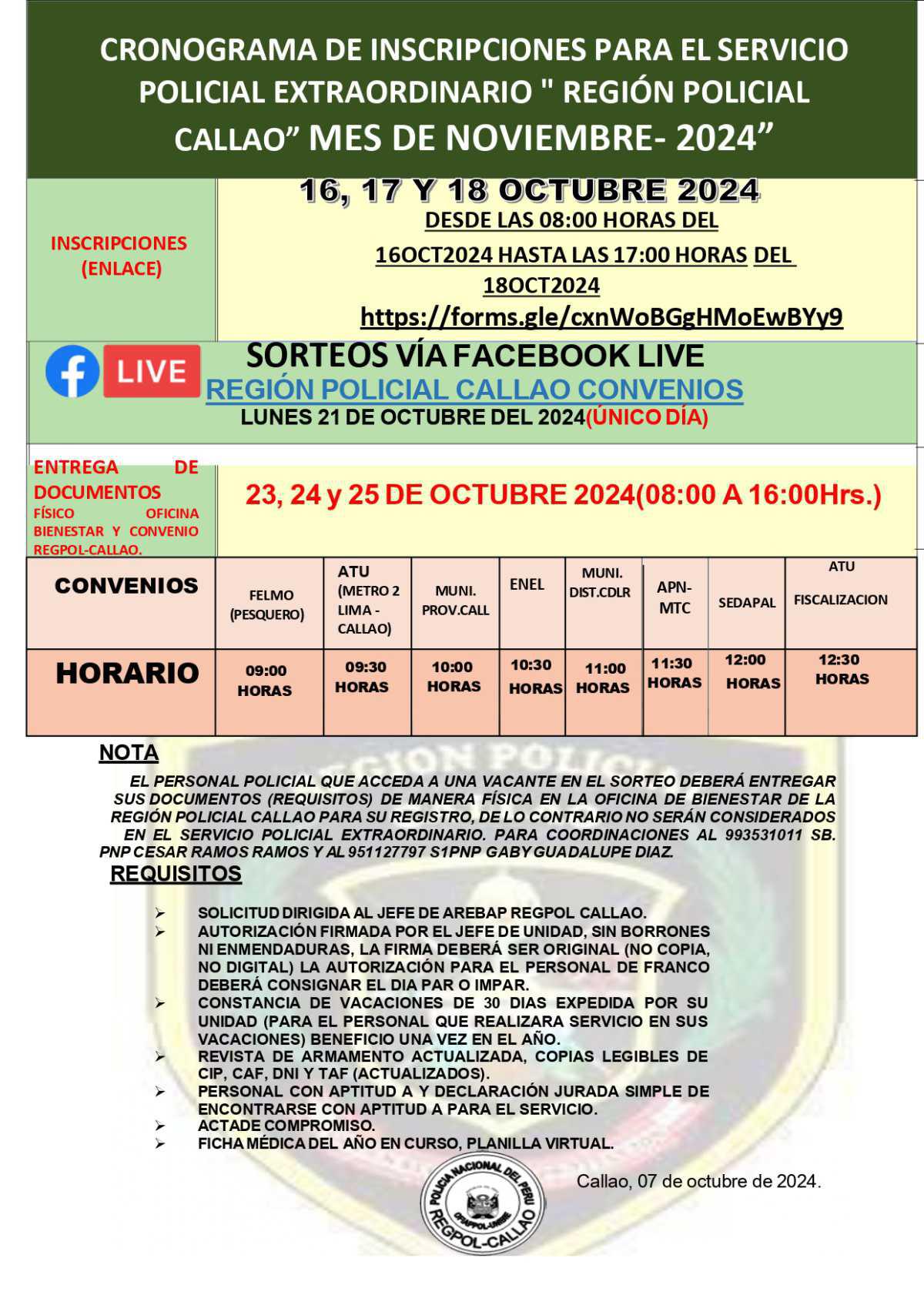 Convocatoria Abierta : Servicio policial por convenio en el Callao - NOVIEMBRE 2024