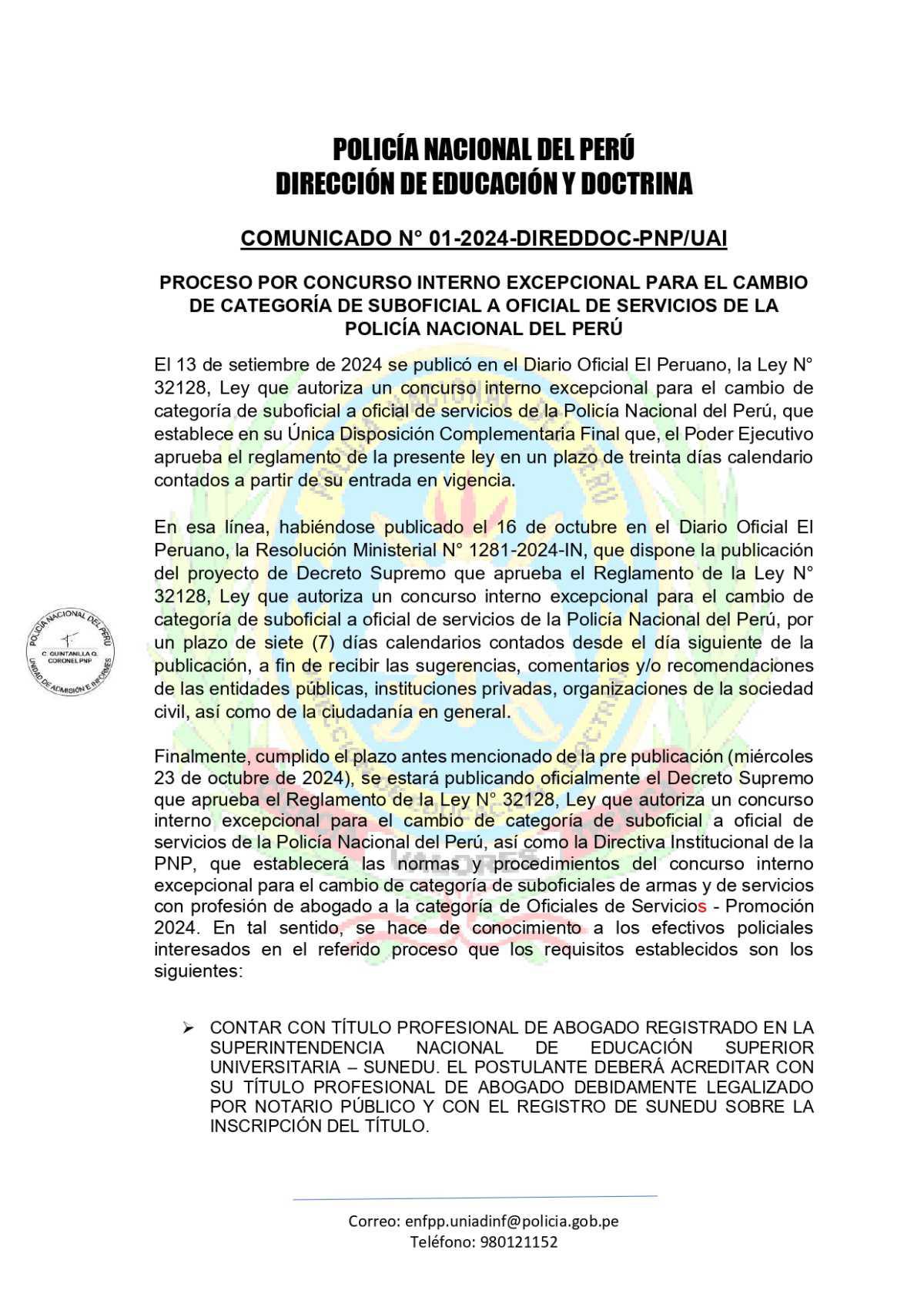 PNP se pronuncia sobre la recategorización de Suboficiales abogados a Oficiales PNP