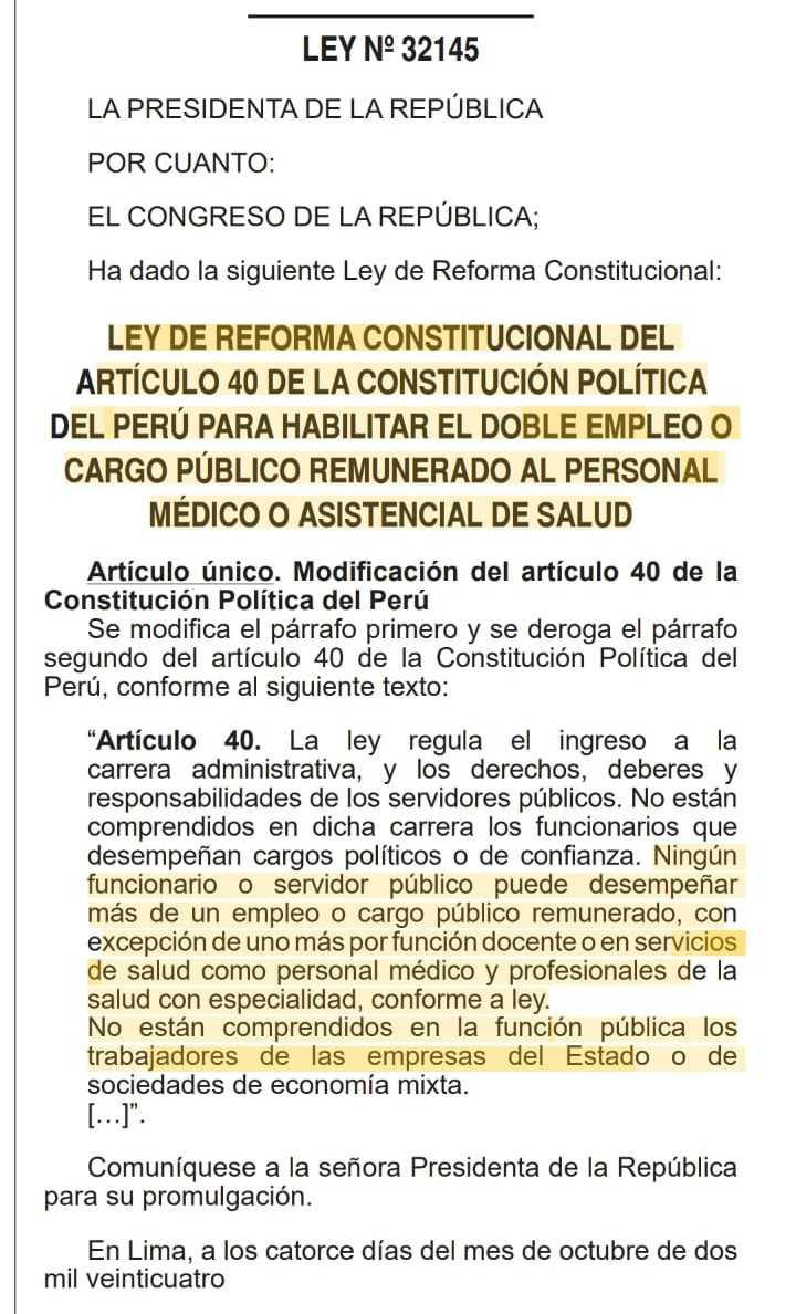 Nueva ley permite el doble cargo público para médicos y especialistas de salud de la PNP