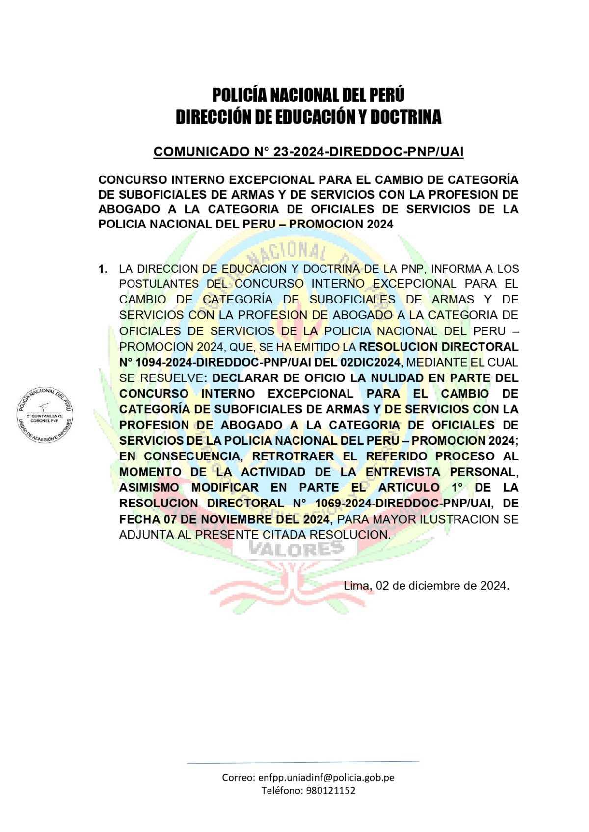 Declaran nulidad parcial del proceso de recategorización PNP y programan nuevamente la entrevista personal