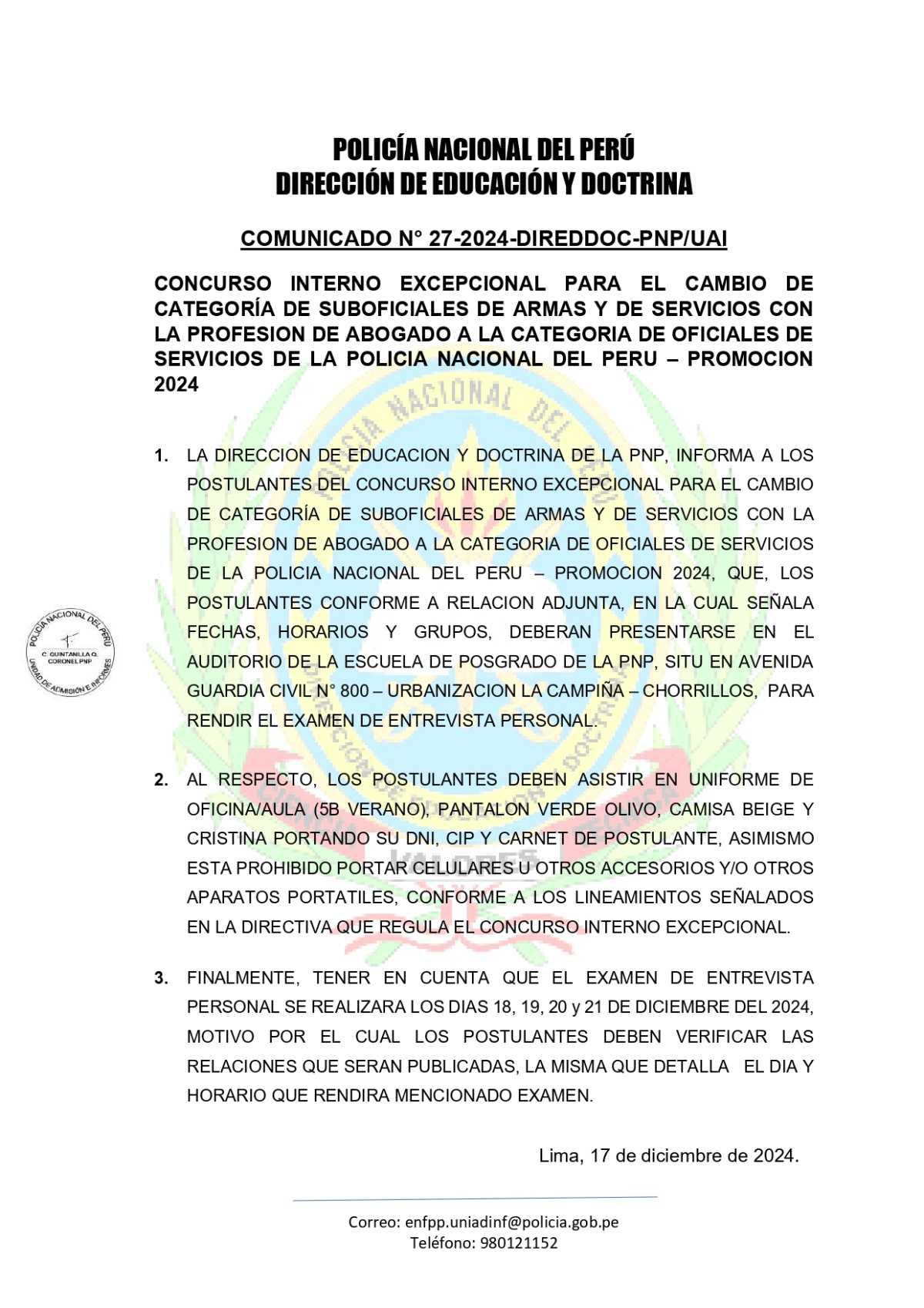 Publican fecha y hora del examen de entrevista para la recategorización de suboficiales PNP abogados