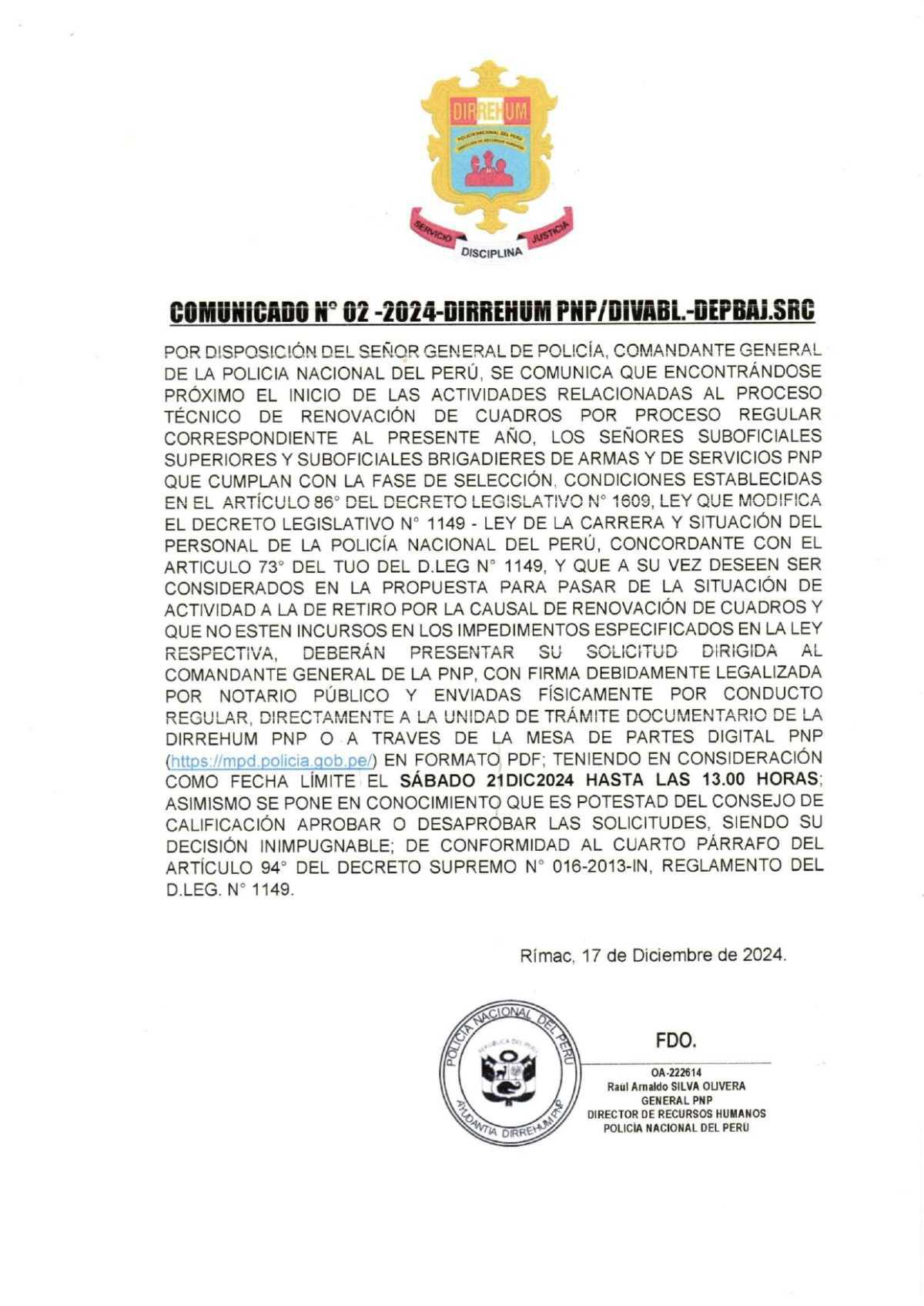 Publican comunicado dirigido a voluntarios para el retiro por renovación de cuadros