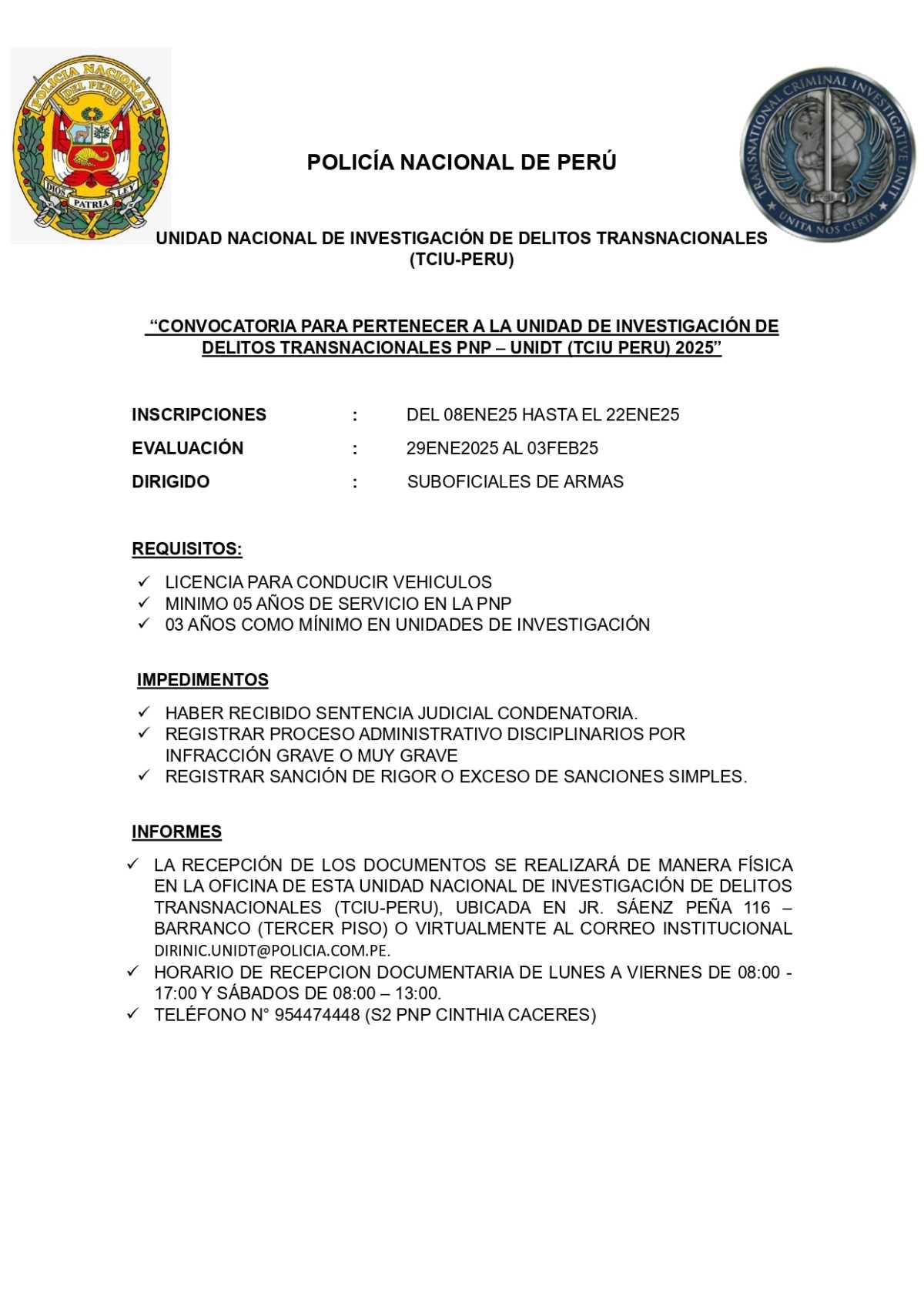 Abren convocatoria para trabajar en la Unidad de Investigación de Delitos Transnacionales PNP