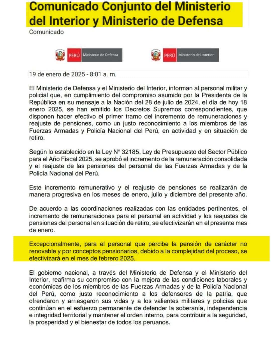 🚨Comunicado MININTER y MINDEF: Sobre el primer tramo de aumento para PNP y FF.AA.