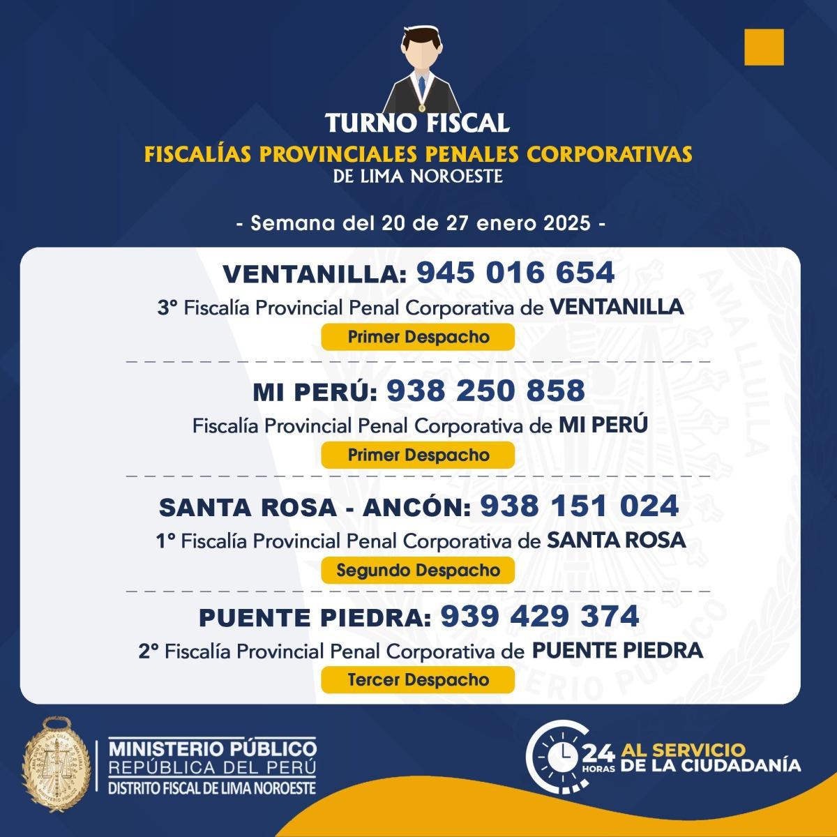 Publican fiscalías de turno en Lima Norte: Teléfonos y contactos clave