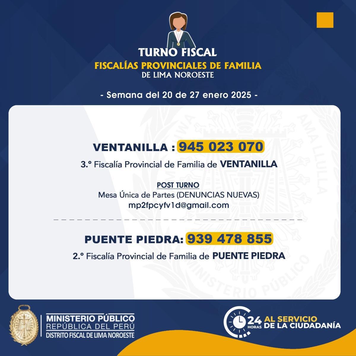 Publican fiscalías de turno en Lima Norte: Teléfonos y contactos clave