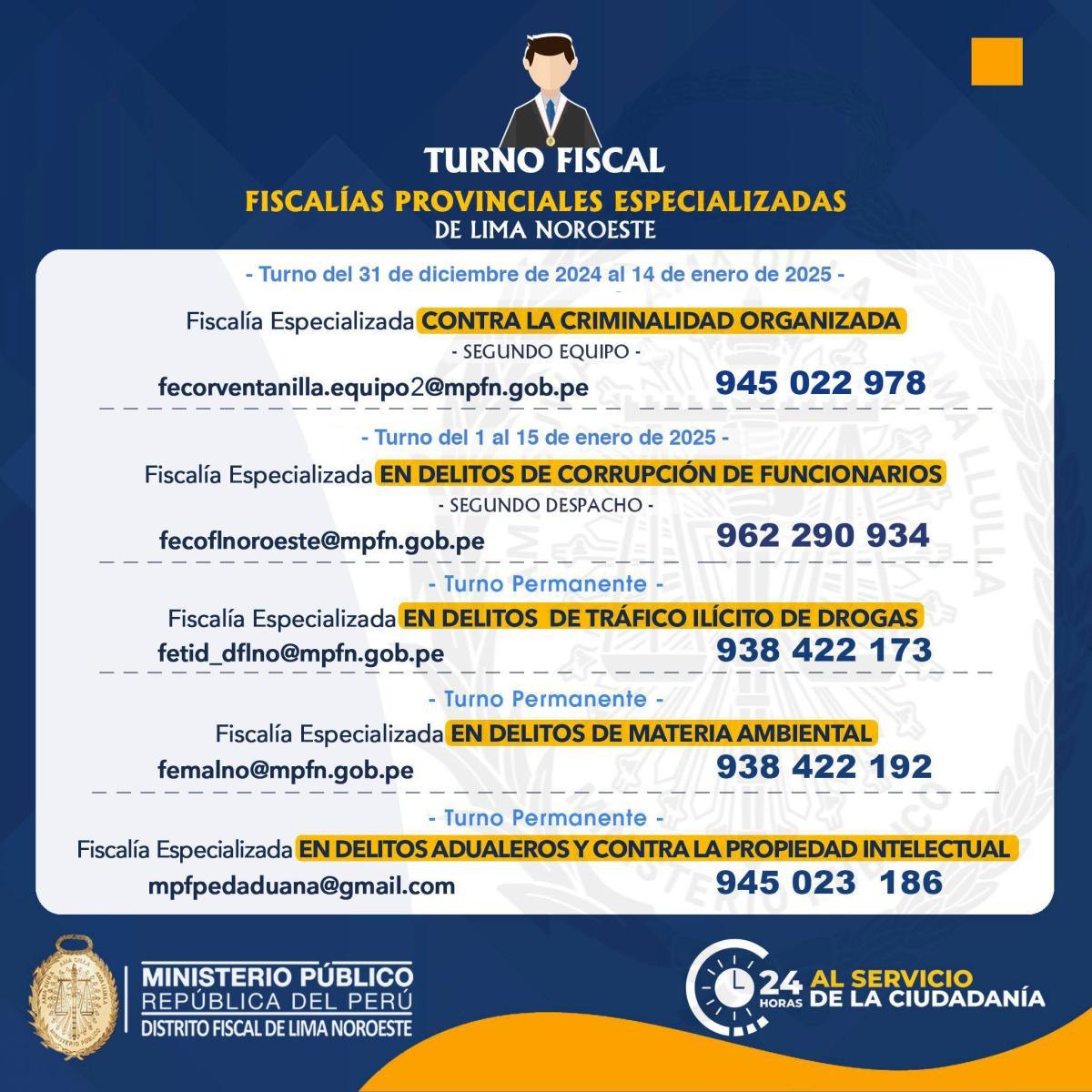 Publican fiscalías de turno en Lima Norte: Teléfonos y contactos clave