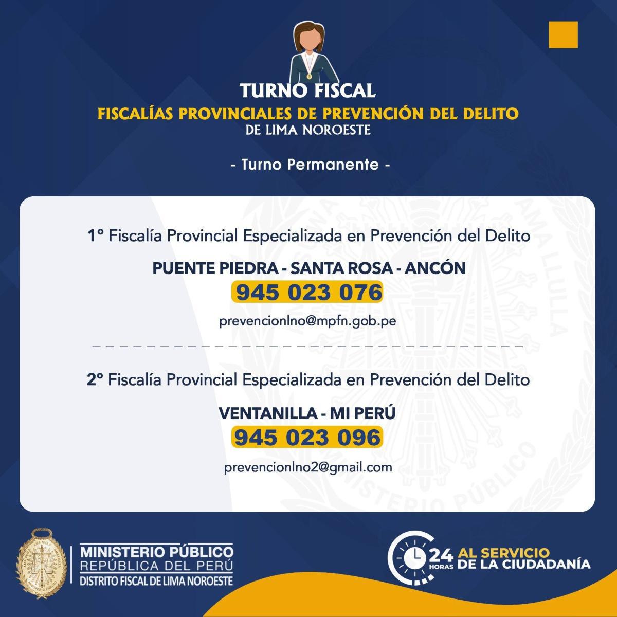 Publican fiscalías de turno en Lima Norte: Teléfonos y contactos clave