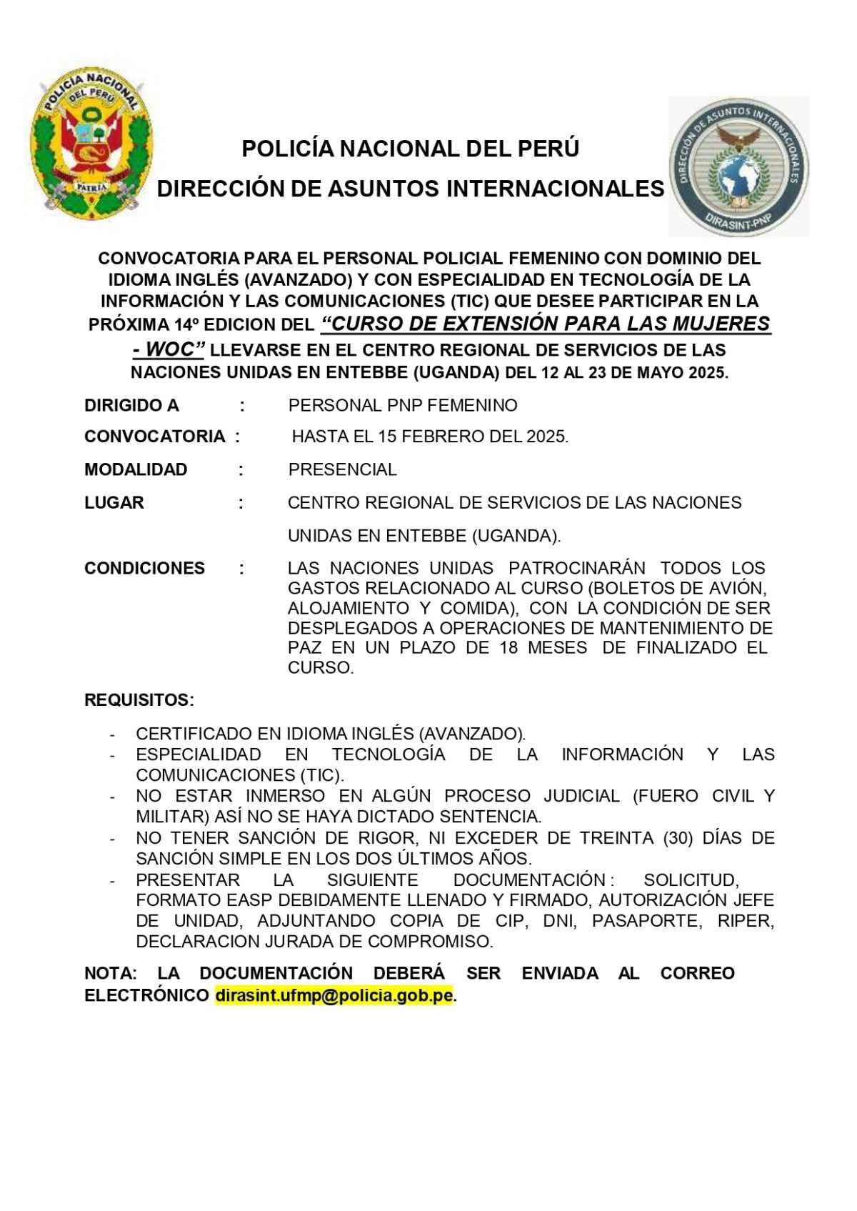 Convocatoria ONU para mujeres PNP: Curso internacional 2025