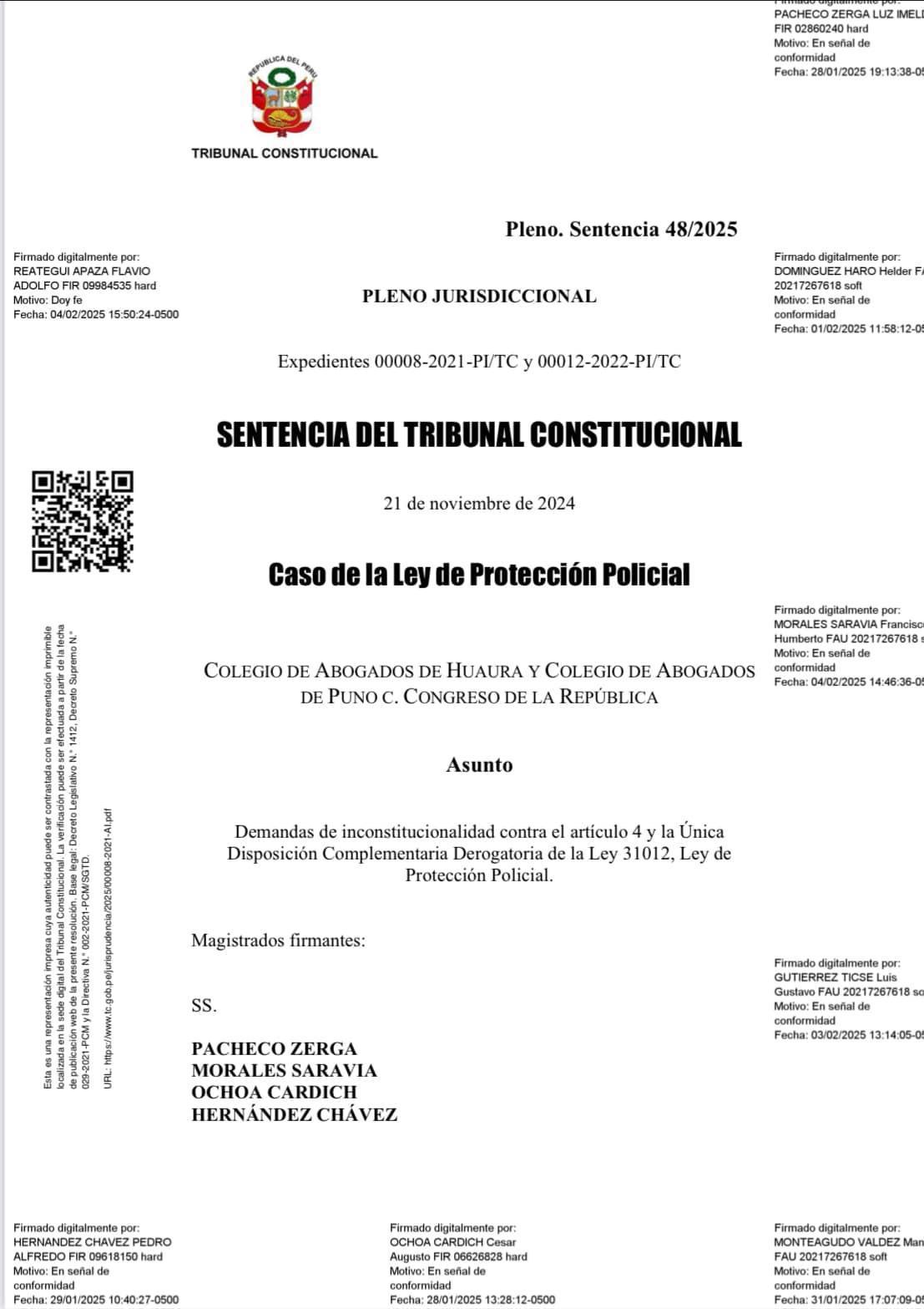 TC declara constitucional la Ley de Protección Policial