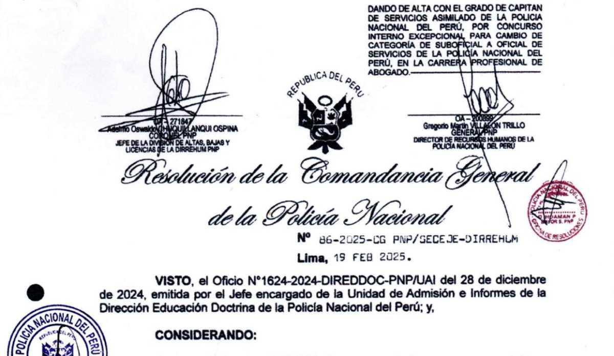 Publican resolución que oficializa el alta de los nuevos oficiales jurídicos PNP