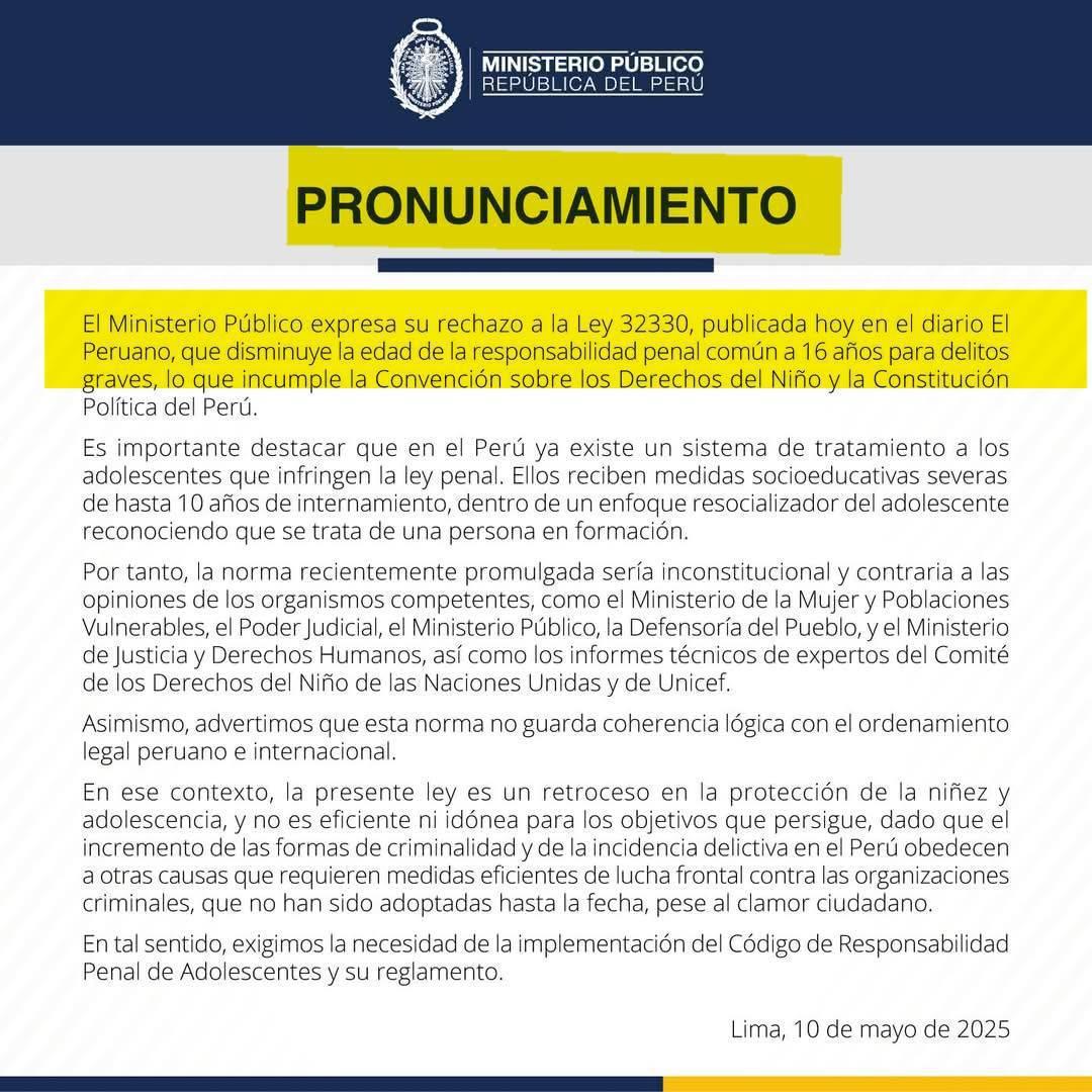 Poder Judicial y Ministerio Público rechazan nueva ley que castiga a adolescentes como adultos
