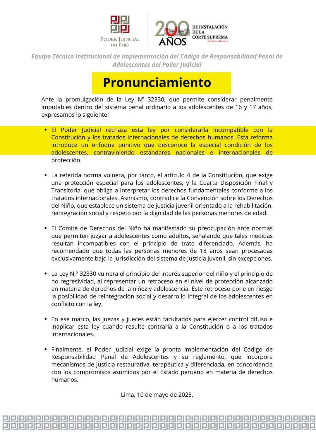 Poder Judicial y Ministerio Público rechazan nueva ley que castiga a adolescentes como adultos