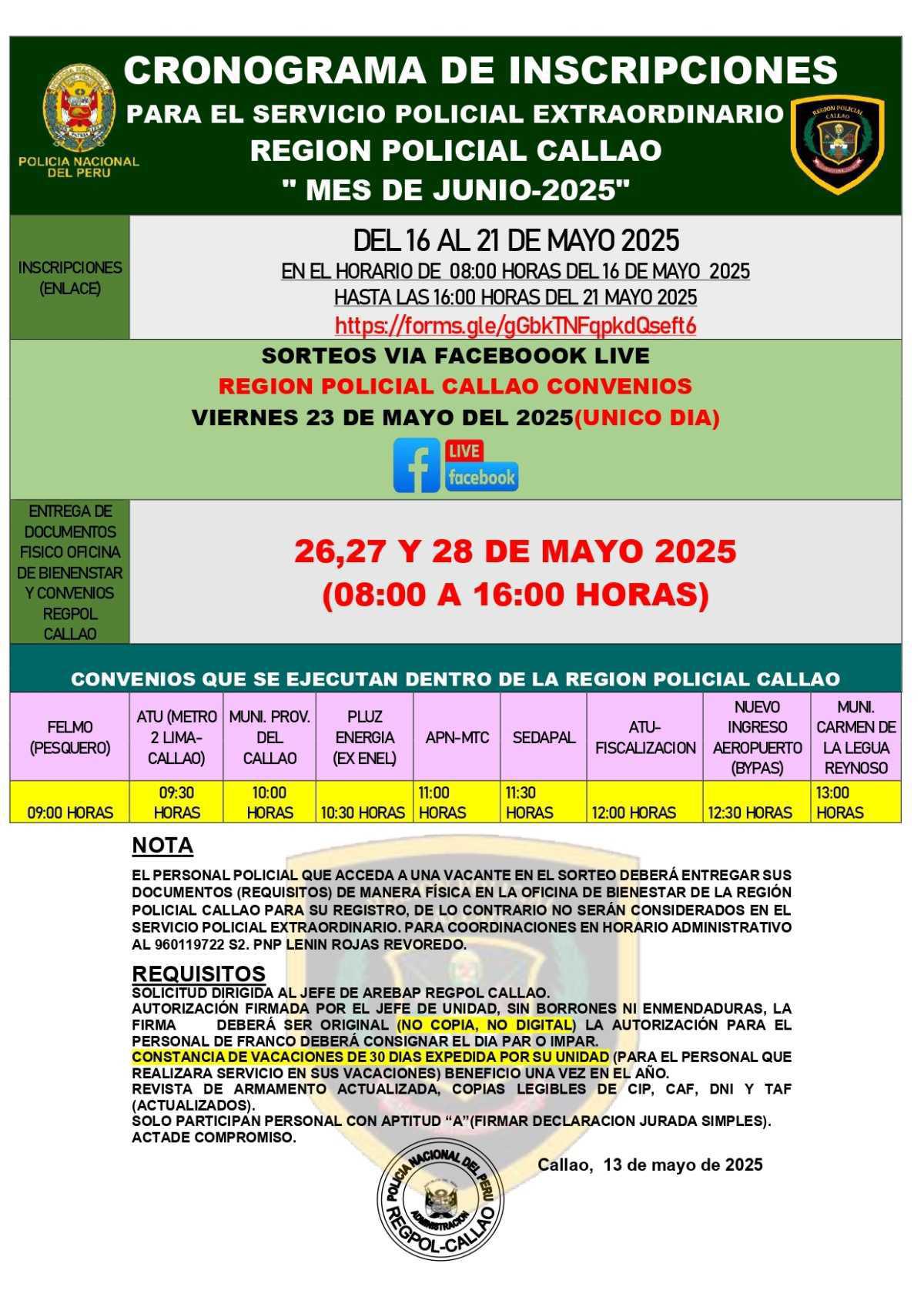 Convocatoria Abierta : Servicio policial por convenio CALLAO - JUNIO 2025
