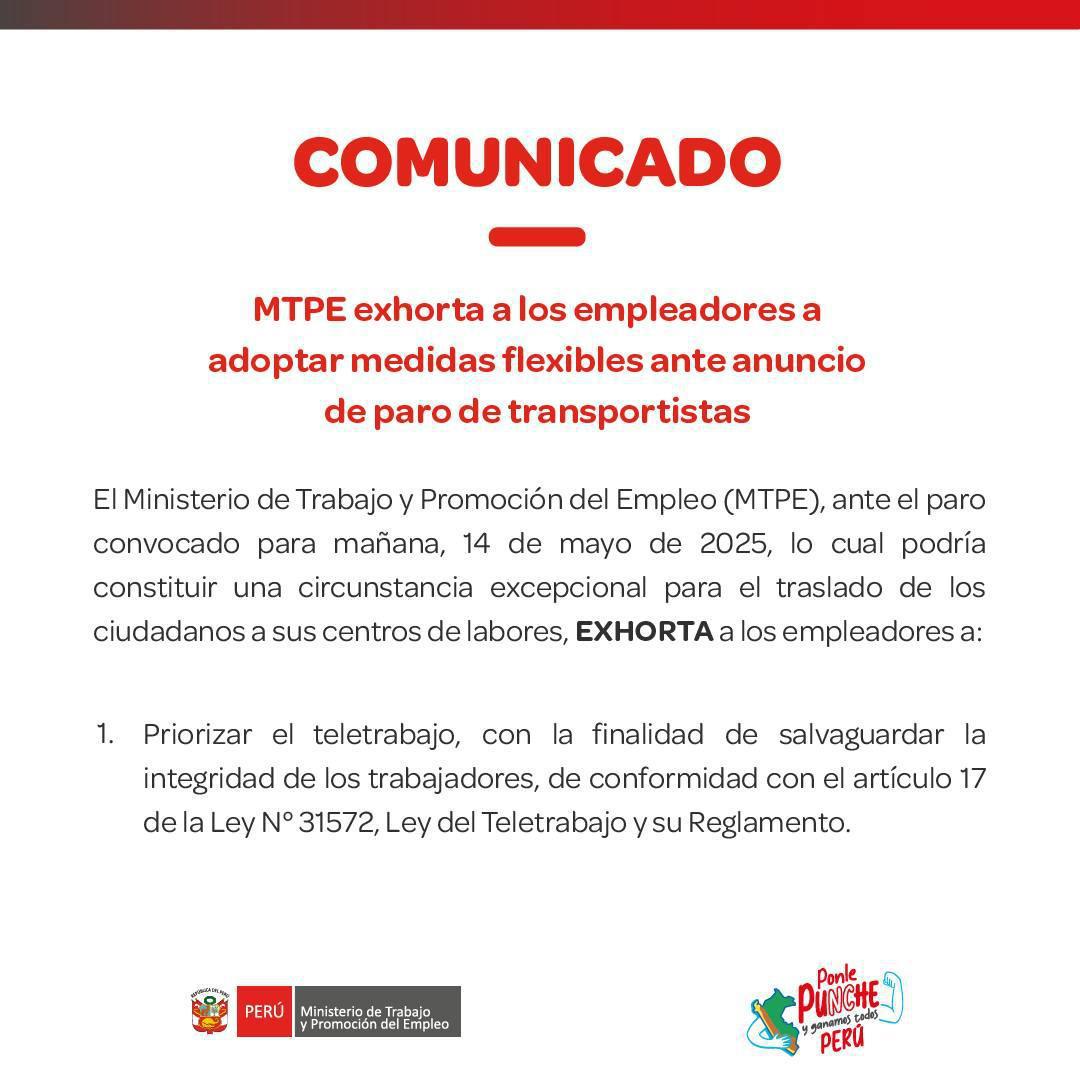 Disponen tolerancia de 4 horas al trabajo por paro de transportistas este 14MAY