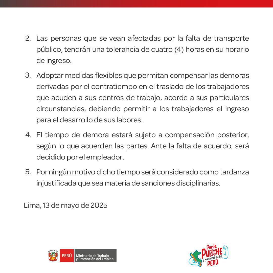 Disponen tolerancia de 4 horas al trabajo por paro de transportistas este 14MAY