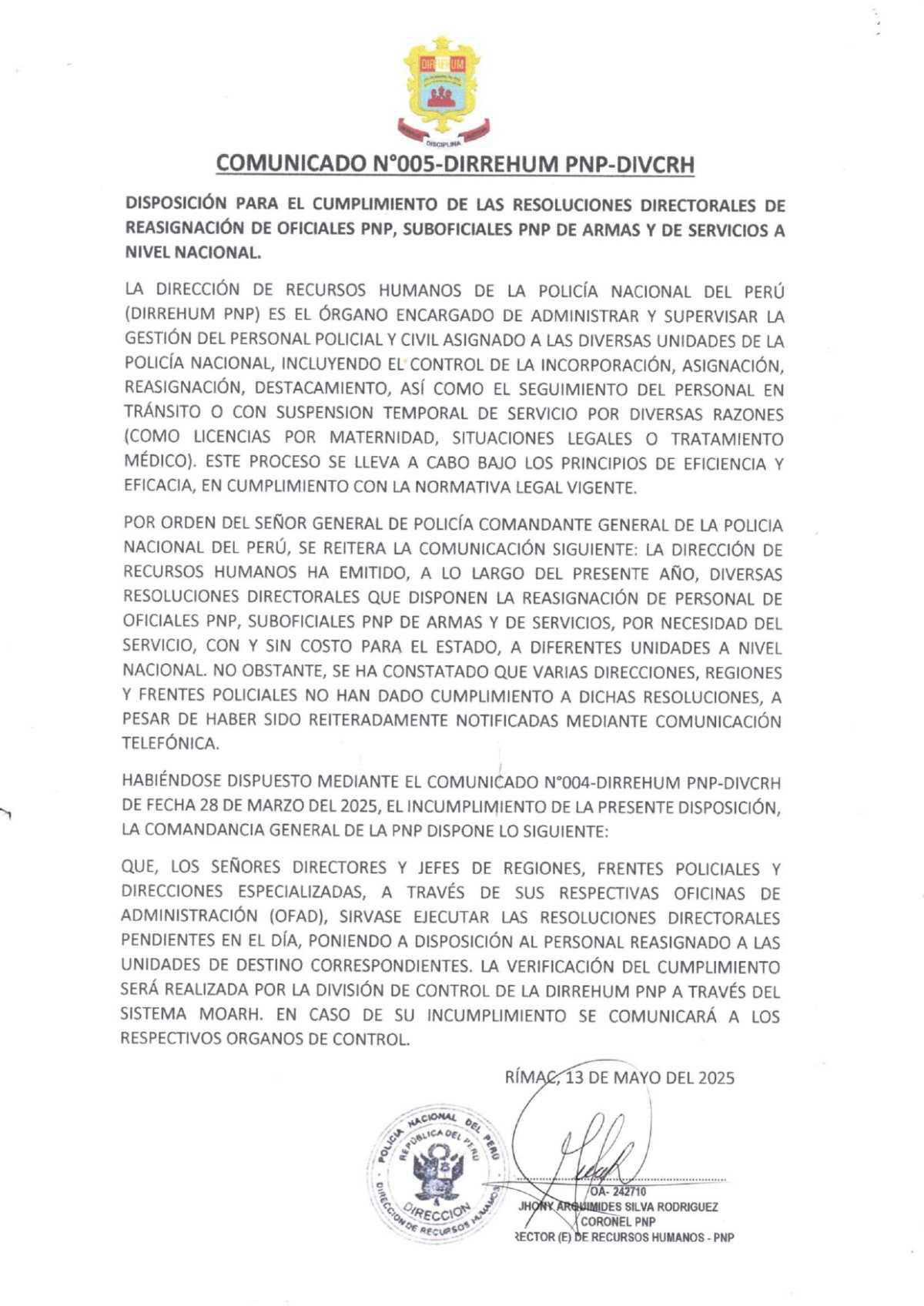 DIRREHUM reitera cumplimiento obligatorio de reasignaciones PNP