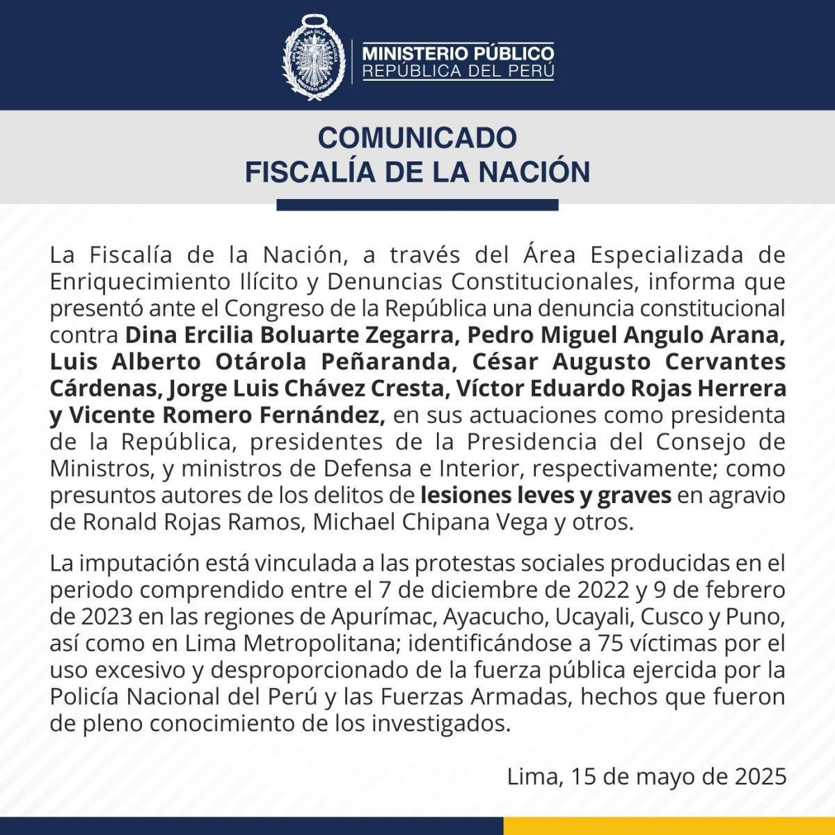 Fiscalía presenta denuncia constitucional contra Presidenta, Ministros y Generales PNP