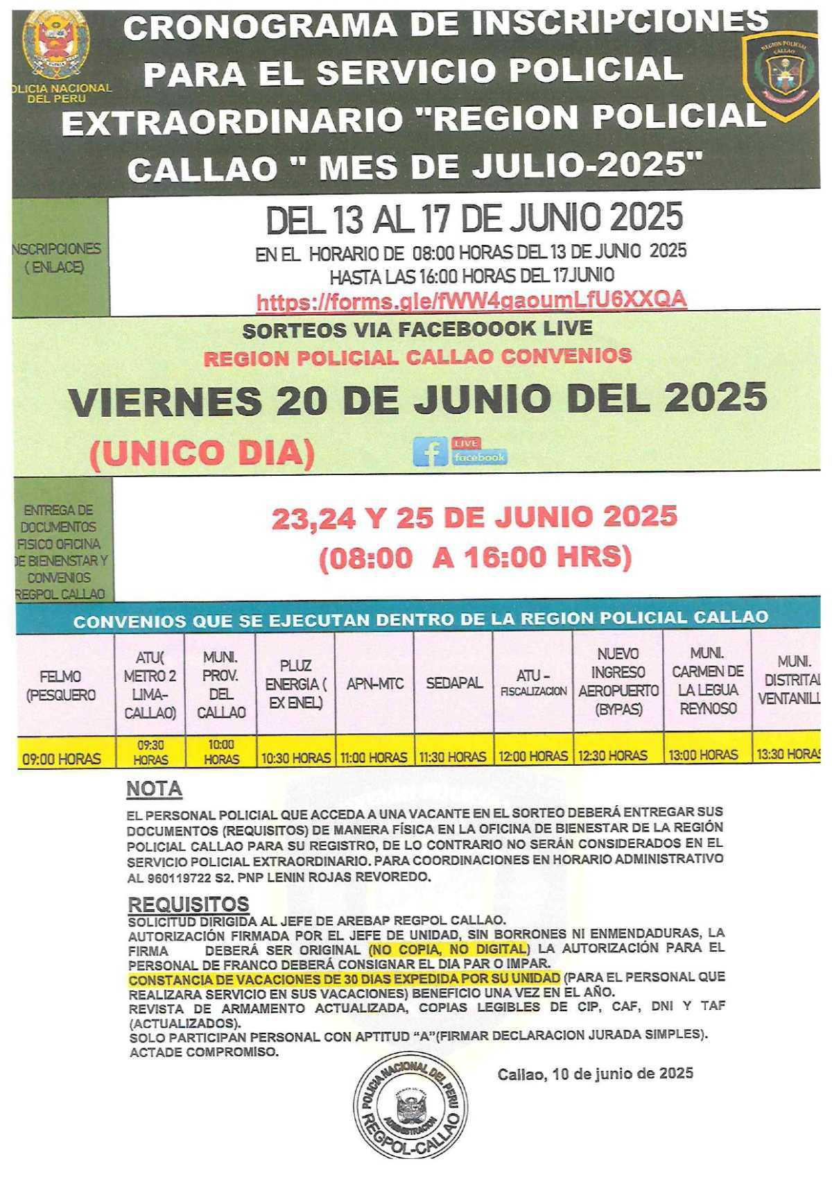 Convocatoria Abierta : Servicio policial por convenio CALLAO - JULIO 2025