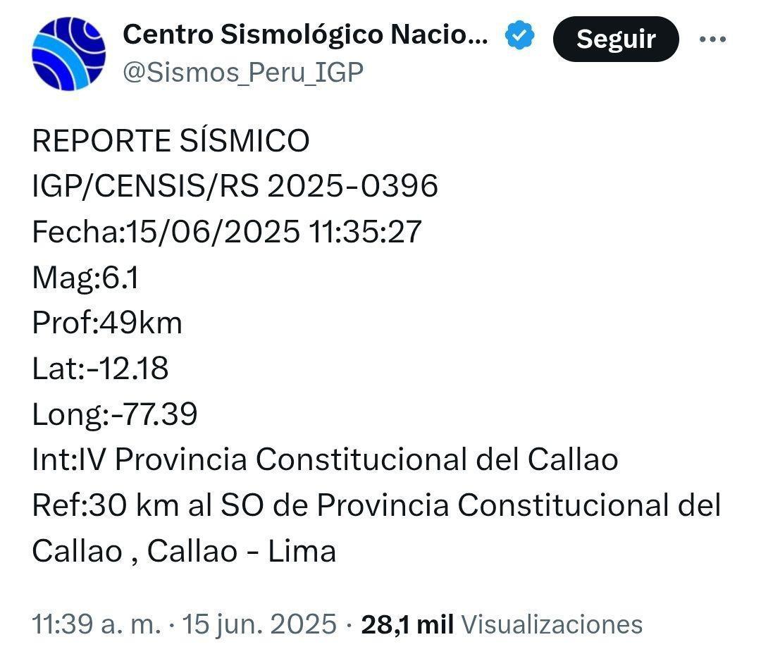 📍 Temblor de magnitud 6.1 sacudió Lima y Callao