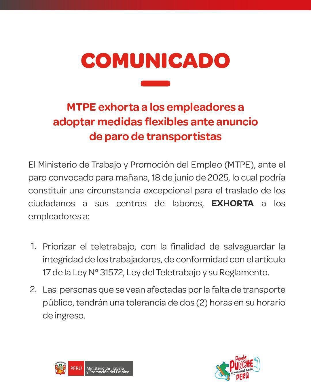 Disponen tolerancia de 2 horas al trabajo por paro de transportistas este 18JUN