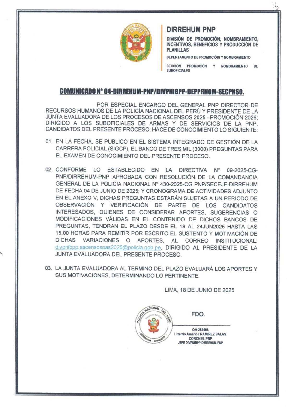 Publican las 3000 preguntas del examen de ascenso de suboficiales PNP-2025