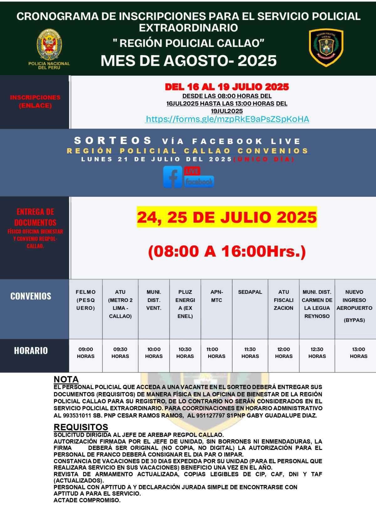 Convocatoria Abierta : Servicio policial por convenio CALLAO - AGOSTO 2025