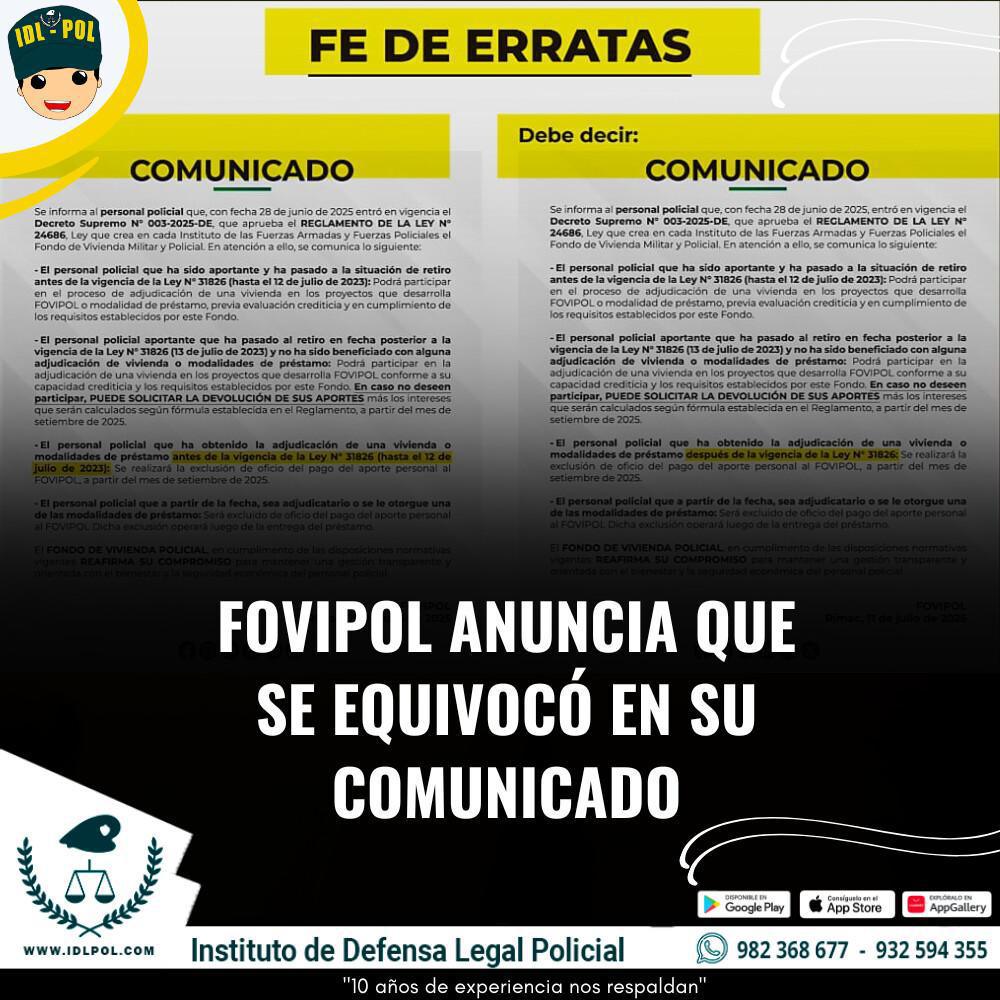 Fe de Erratas de FOVIPOL: admiten error y limitan exoneración de la cuota