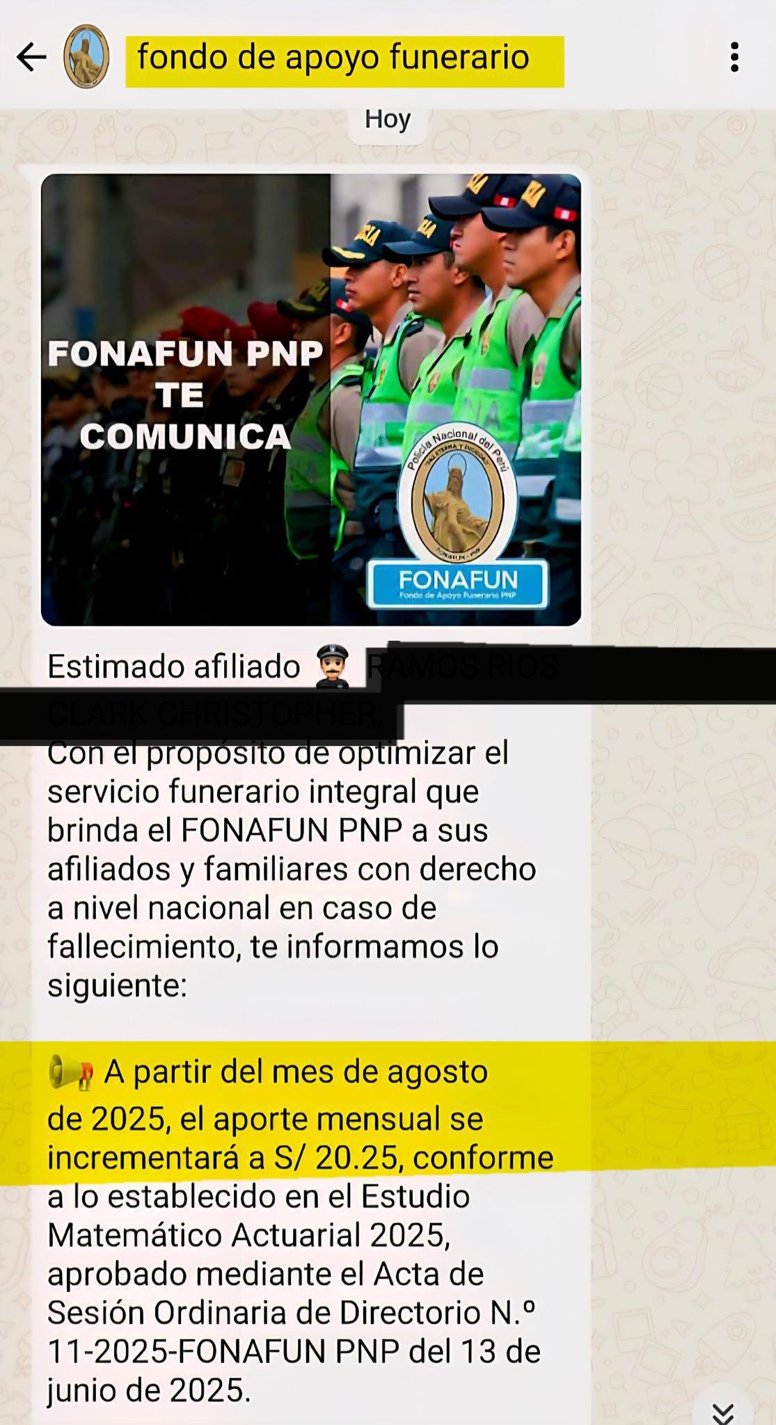 Nuevo aporte para fondo funerario PNP será de S/20.25 a partir de agosto