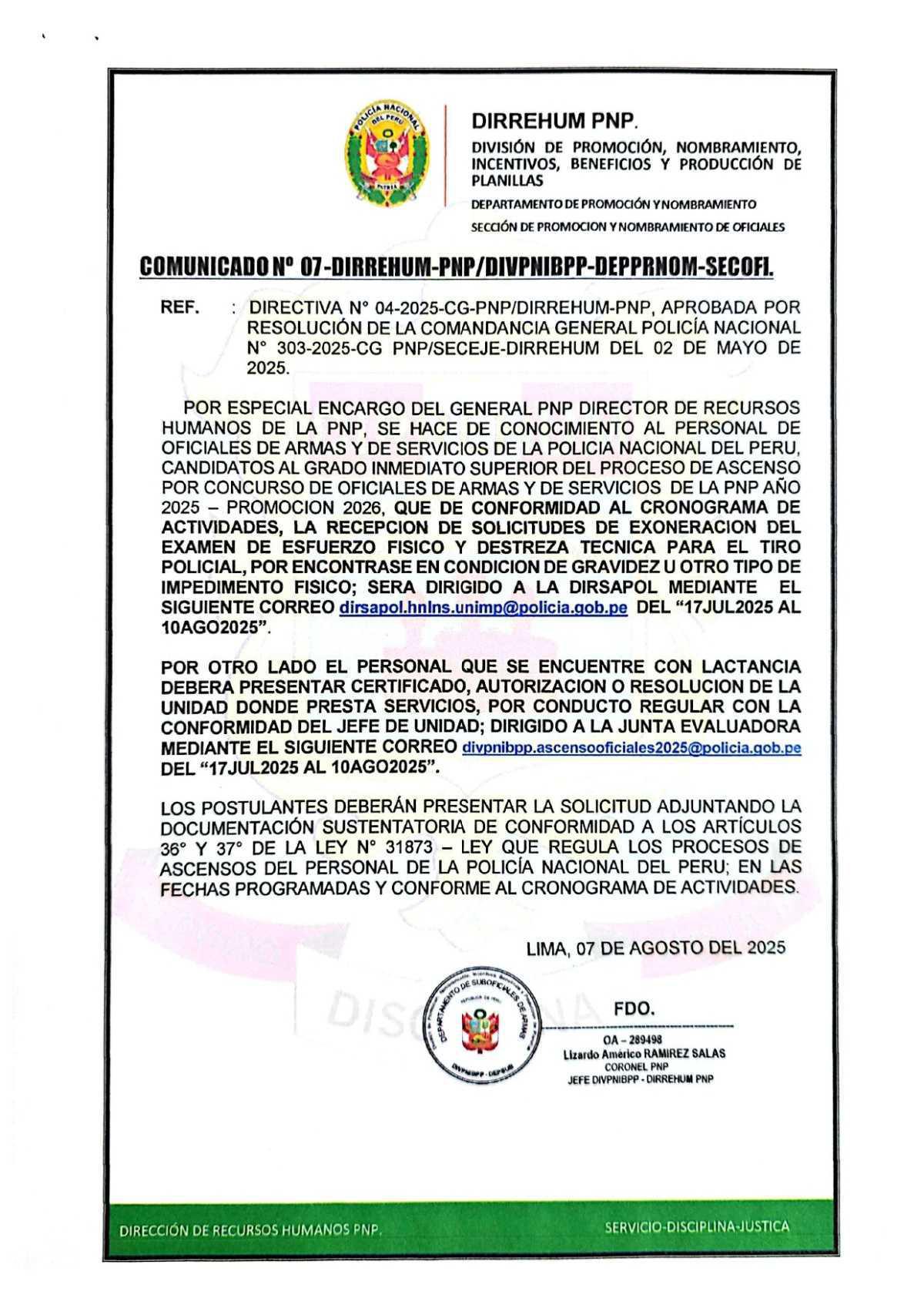 Publican cronograma de exoneración de exámenes para ascensos PNP 2025