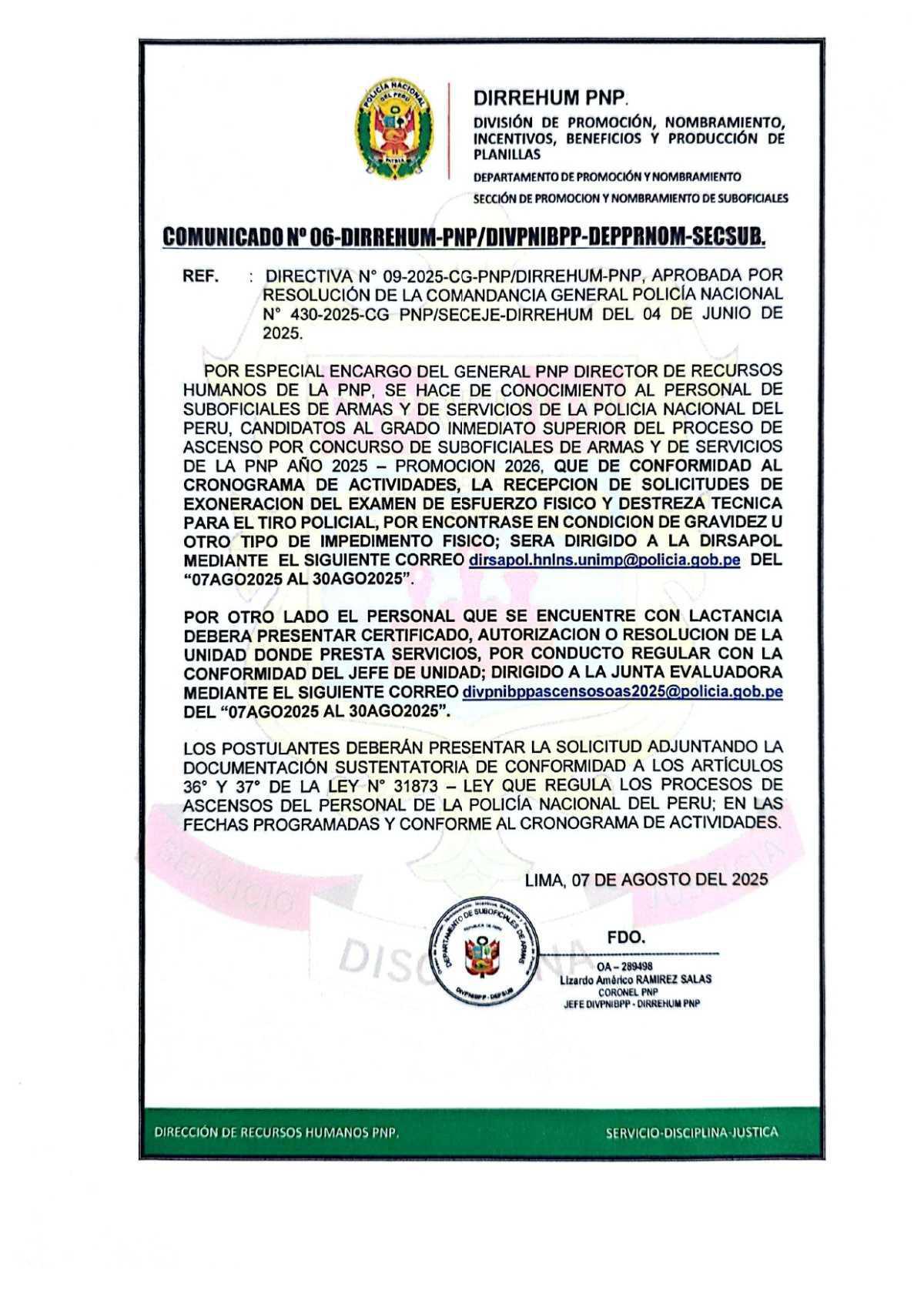 Publican cronograma de exoneración de exámenes para ascensos PNP 2025