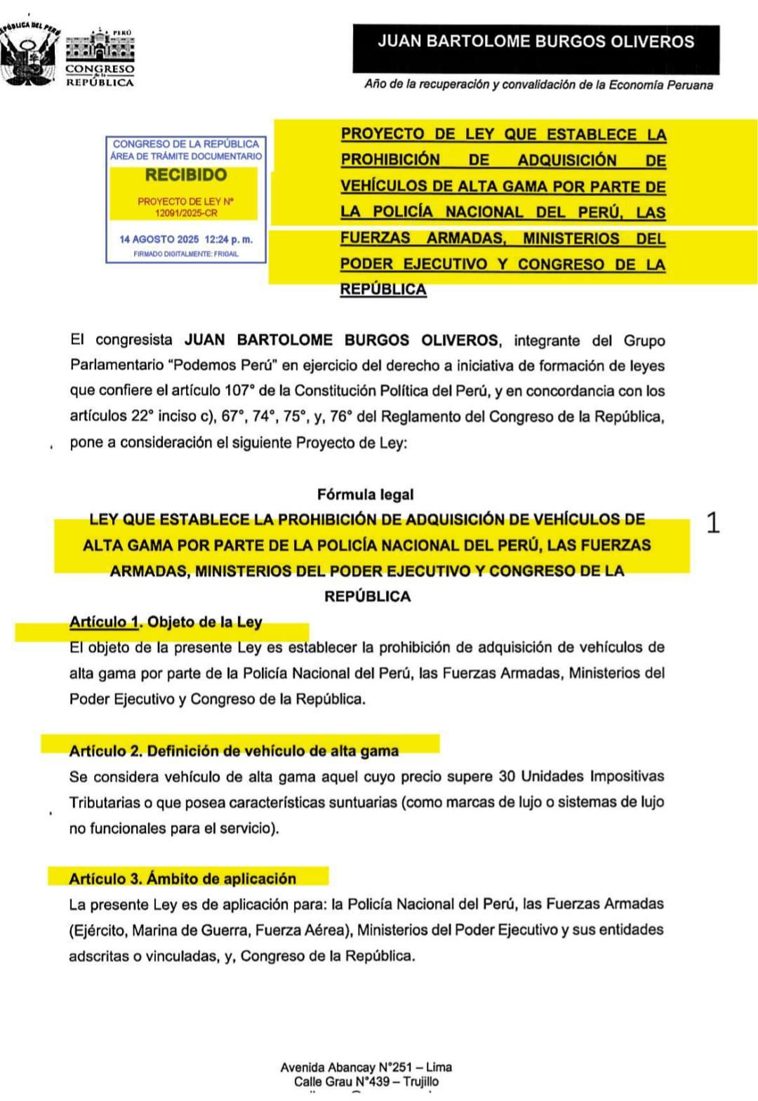 Proyecto de ley prohíbe compra de vehículos de alta gama en la PNP y FF.AA.
