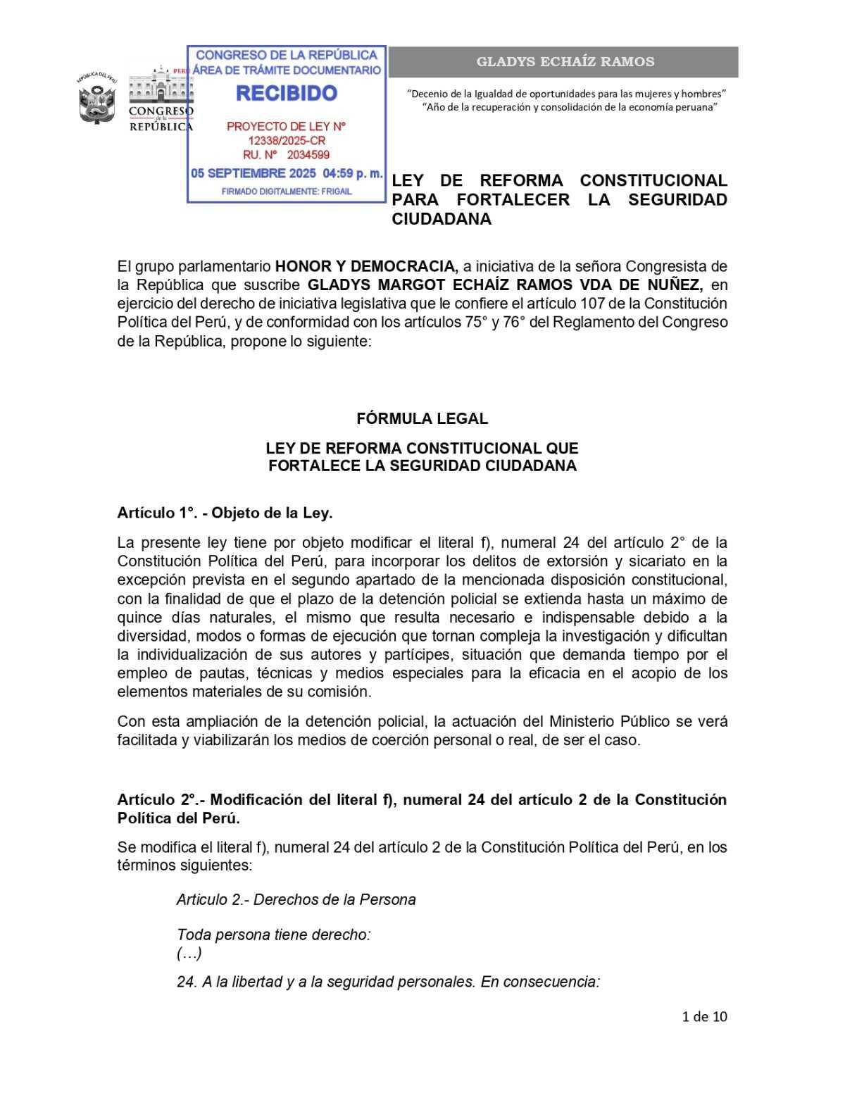 Proponen ampliar detención policial a 15 días en casos de extorsión y sicariato