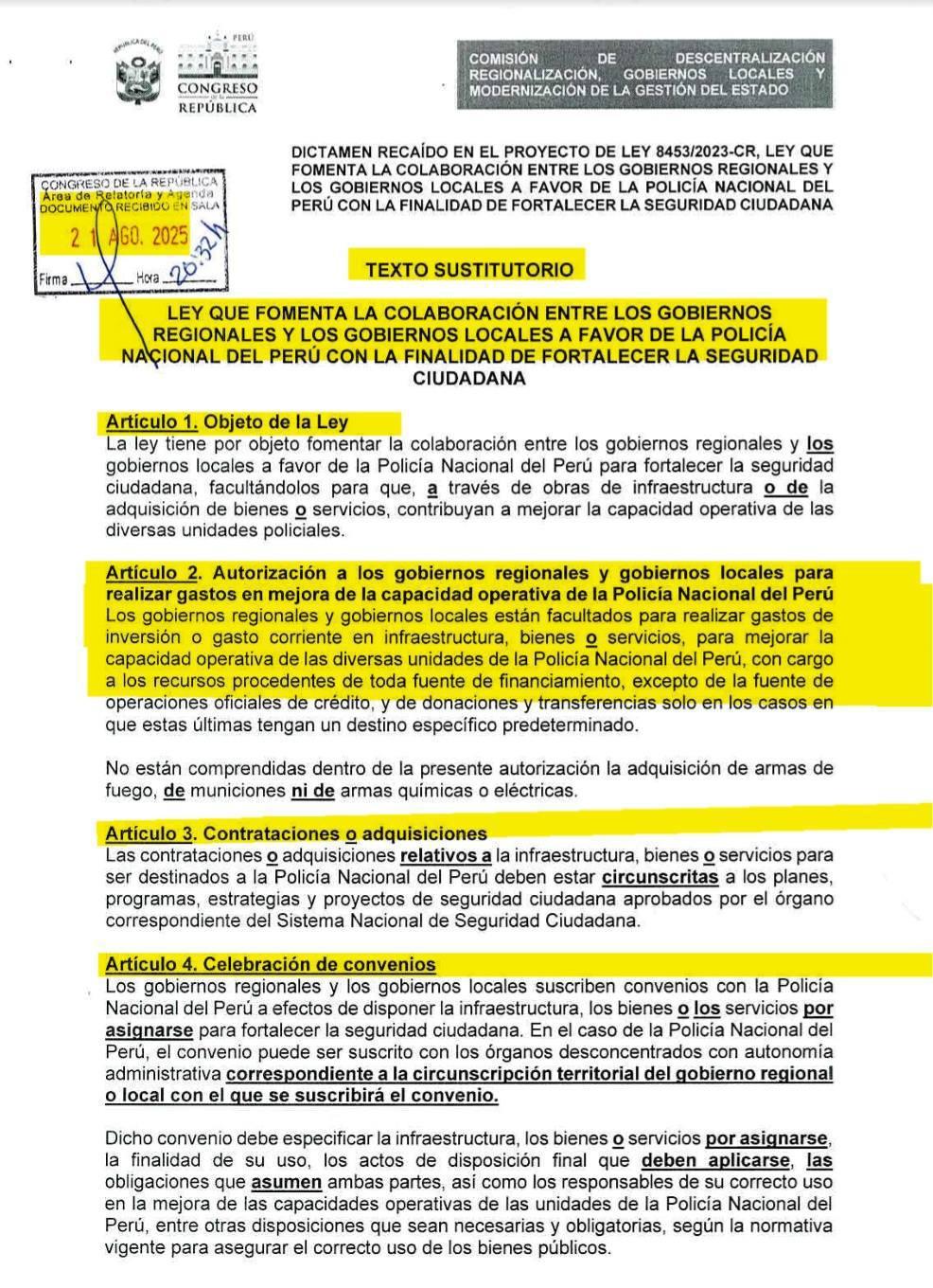Gobiernos regionales y locales podrán invertir en apoyo directo a la PNP