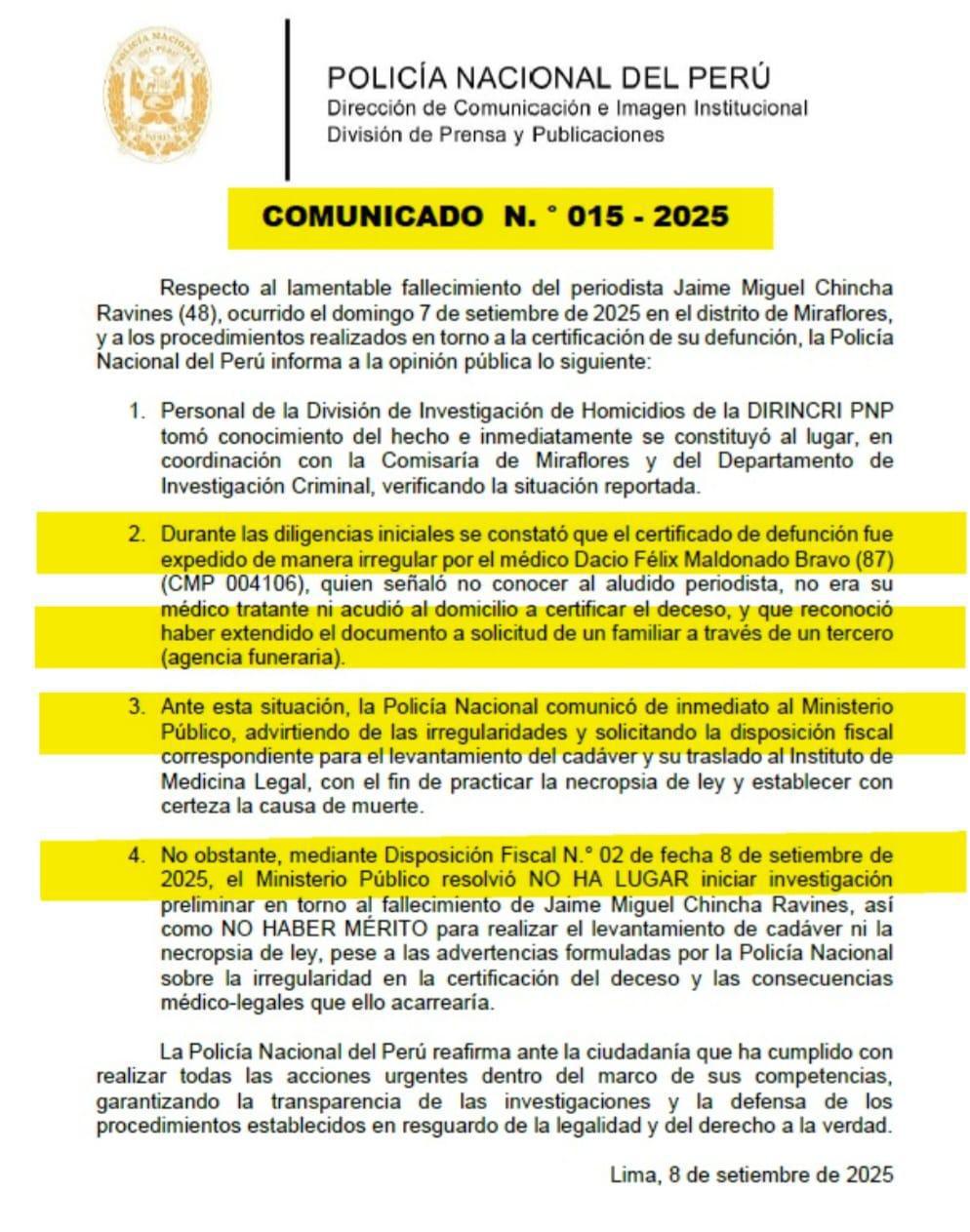 ⚠️PNP denuncia irregularidades en certificado de defunción del Periodista Jaime Chincha
