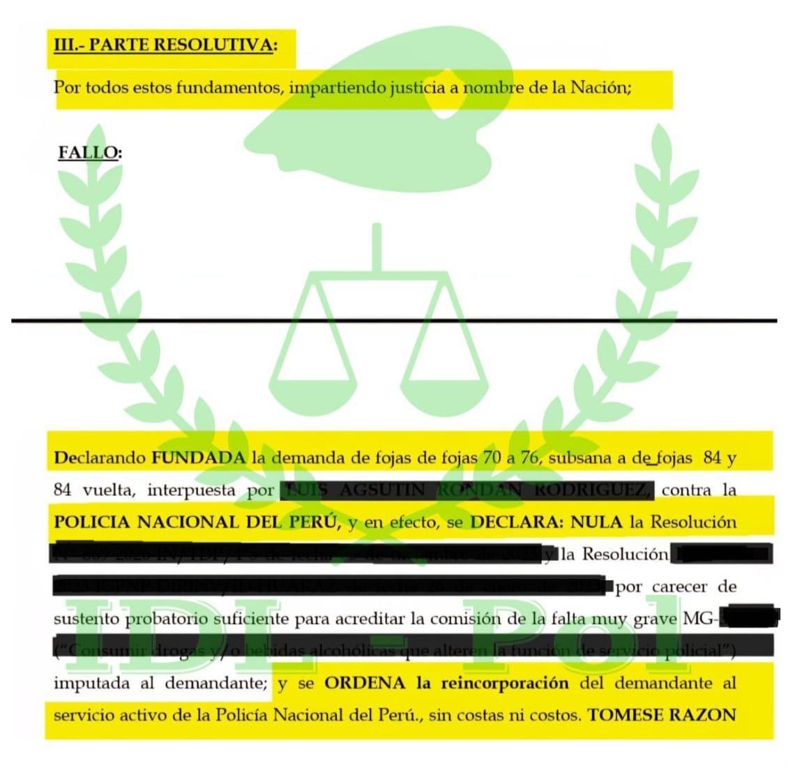 Poder Judicial ordena reincorporar a policía separado irregularmente
