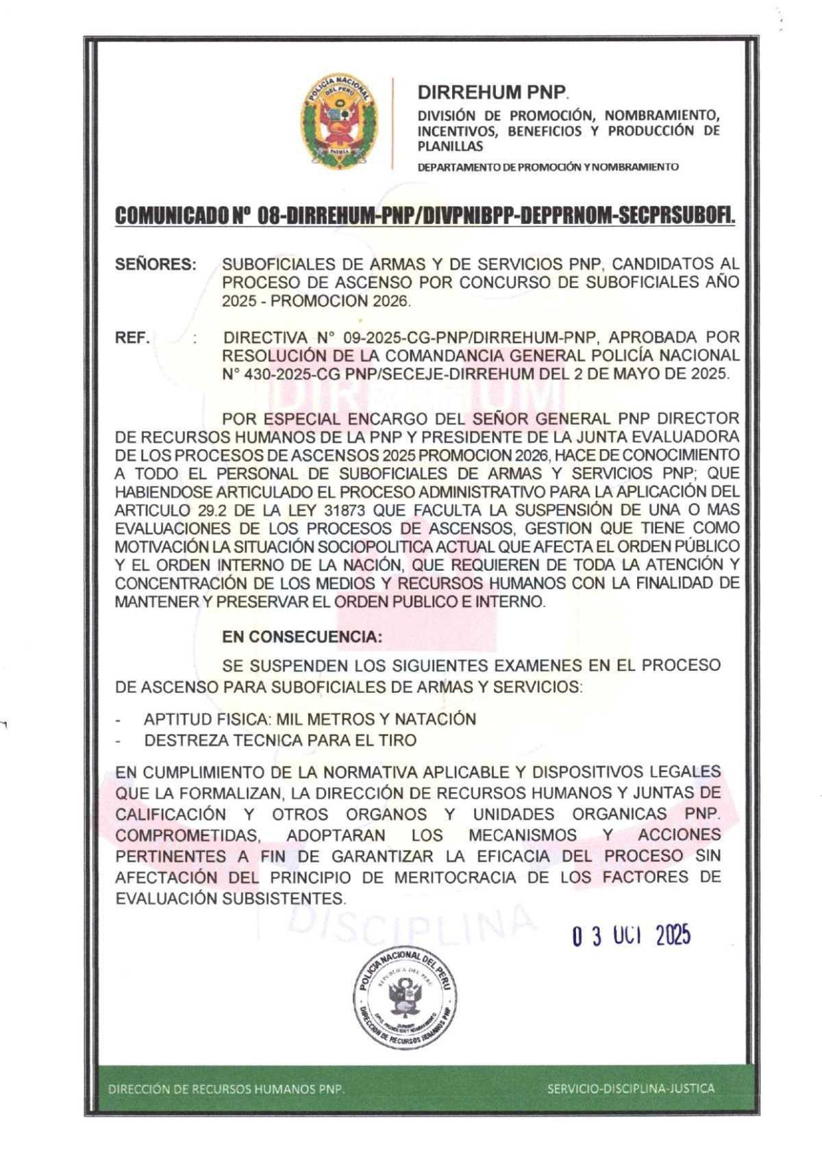 Comunicado DIRREHUM sobre la suspensión de pruebas físicas y de tiro en ascensos PNP