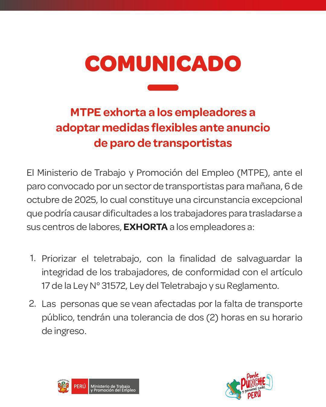 Disponen tolerancia de 2 horas al trabajo por paro de transportistas