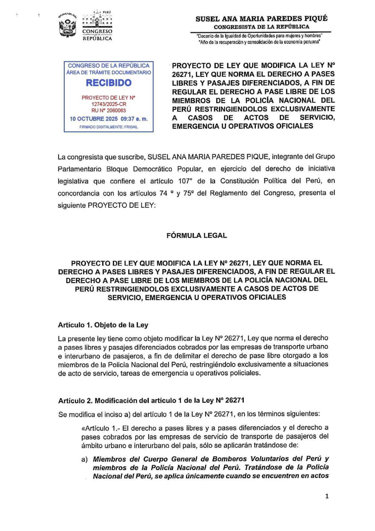 Congresista propone restringir el pase libre policial solo a actos de servicio