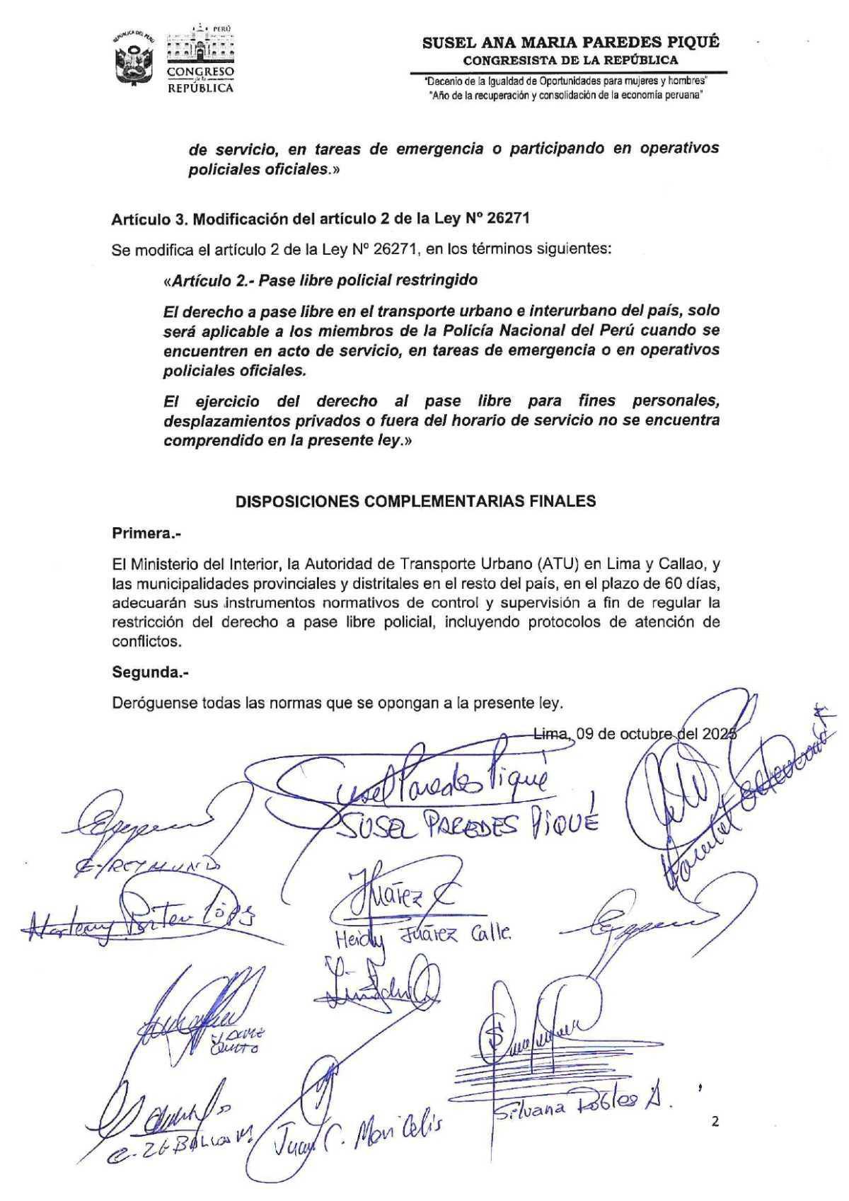 Congresista propone restringir el pase libre policial solo a actos de servicio