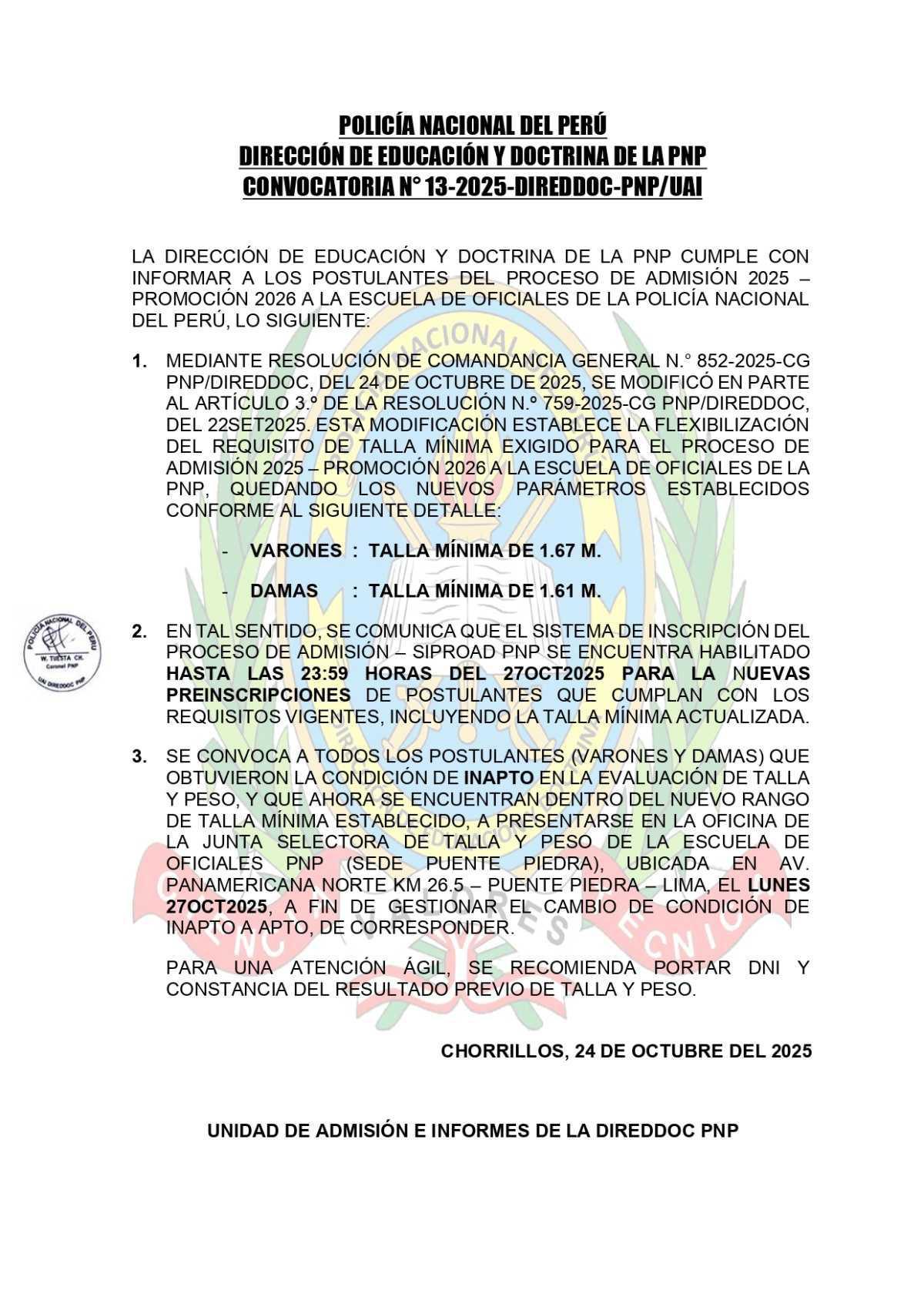 Reducen talla mínima para postular a la Escuela de Oficiales PNP Reducen talla mínima para postular a la Escuela de Oficiales PNP