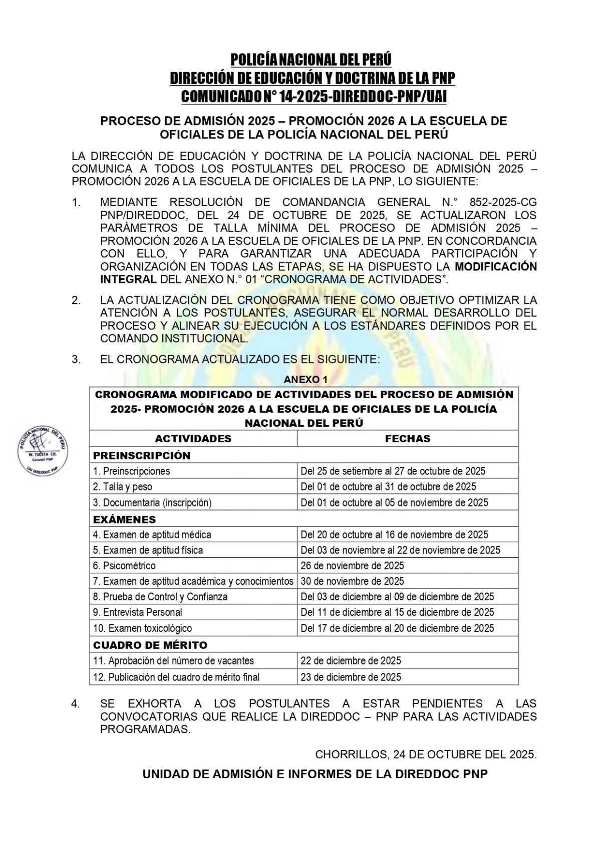 Reducen talla mínima para postular a la Escuela de Oficiales PNP