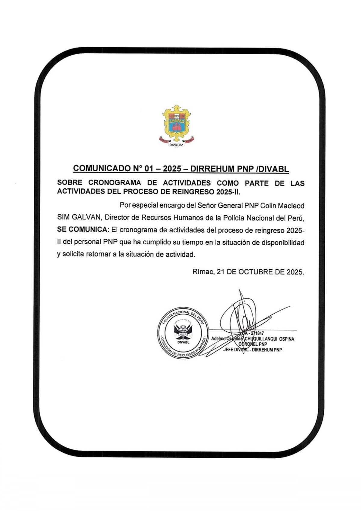 Inició el Proceso de Reingreso PNP 2025-II para el personal en disponibilidad