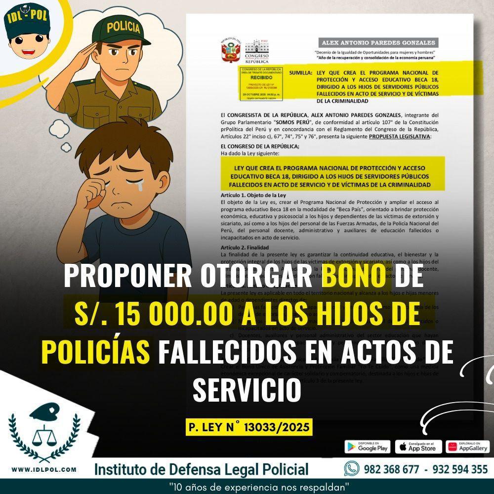 Proponen bono de S/ 15 000 para hijos de policías fallecidos en acto de servicio