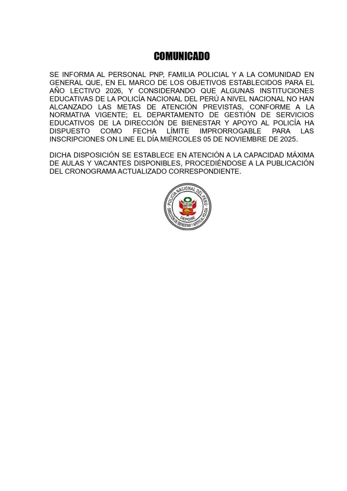 Amplían inscripción a colegios PNP para hijos de la familia policial