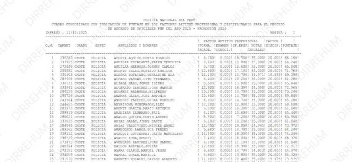 Publican cuadro consolidado de puntajes de ascenso de OFICIALES PNP 2025–Prom. 2026
